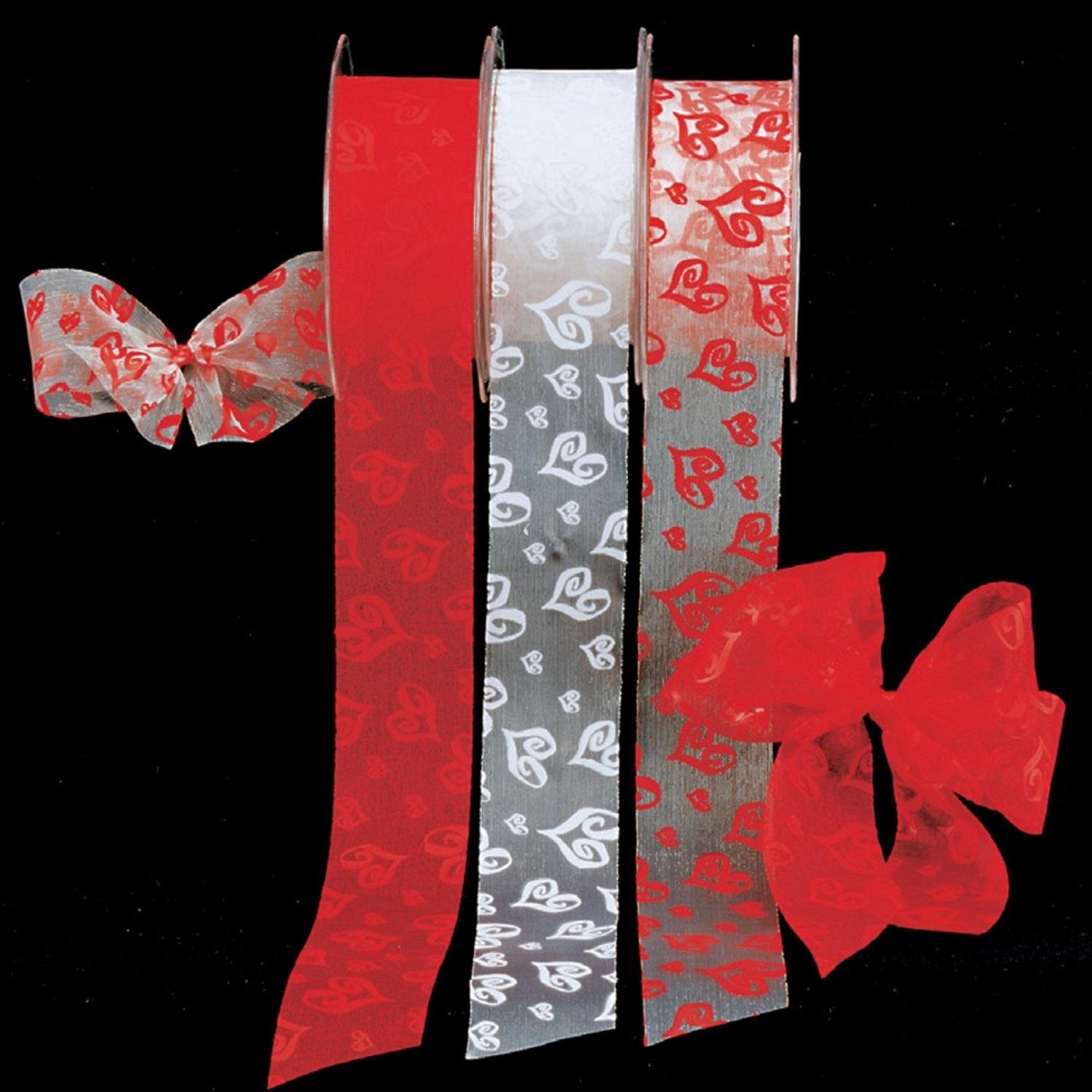 Red Modern Heart Print Cut Edge Organza Craft Ribbon - 1.5 Inch x 50 Yards Bulk Roll for Gift Wrapping, DIY Crafts, Wedding Decorations & Party Favors
