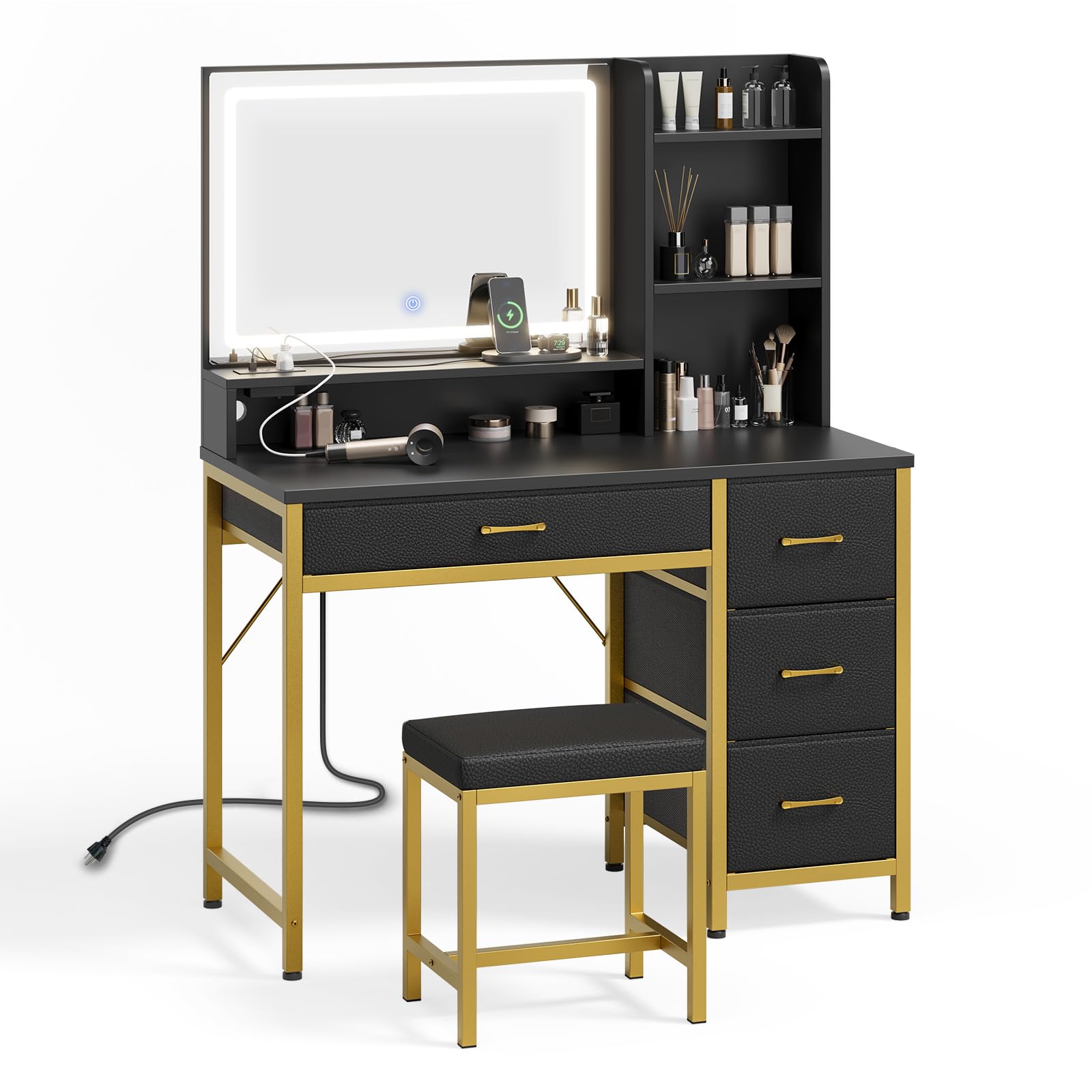 Rolanstar Vanity Desk with Mirror and Lights - Makeup Vanity Set with Upholstered Stool, 4 Drawers & Power Outlets, Black and Gold Dressing Table for Bedroom, Bathroom or Dressing Room