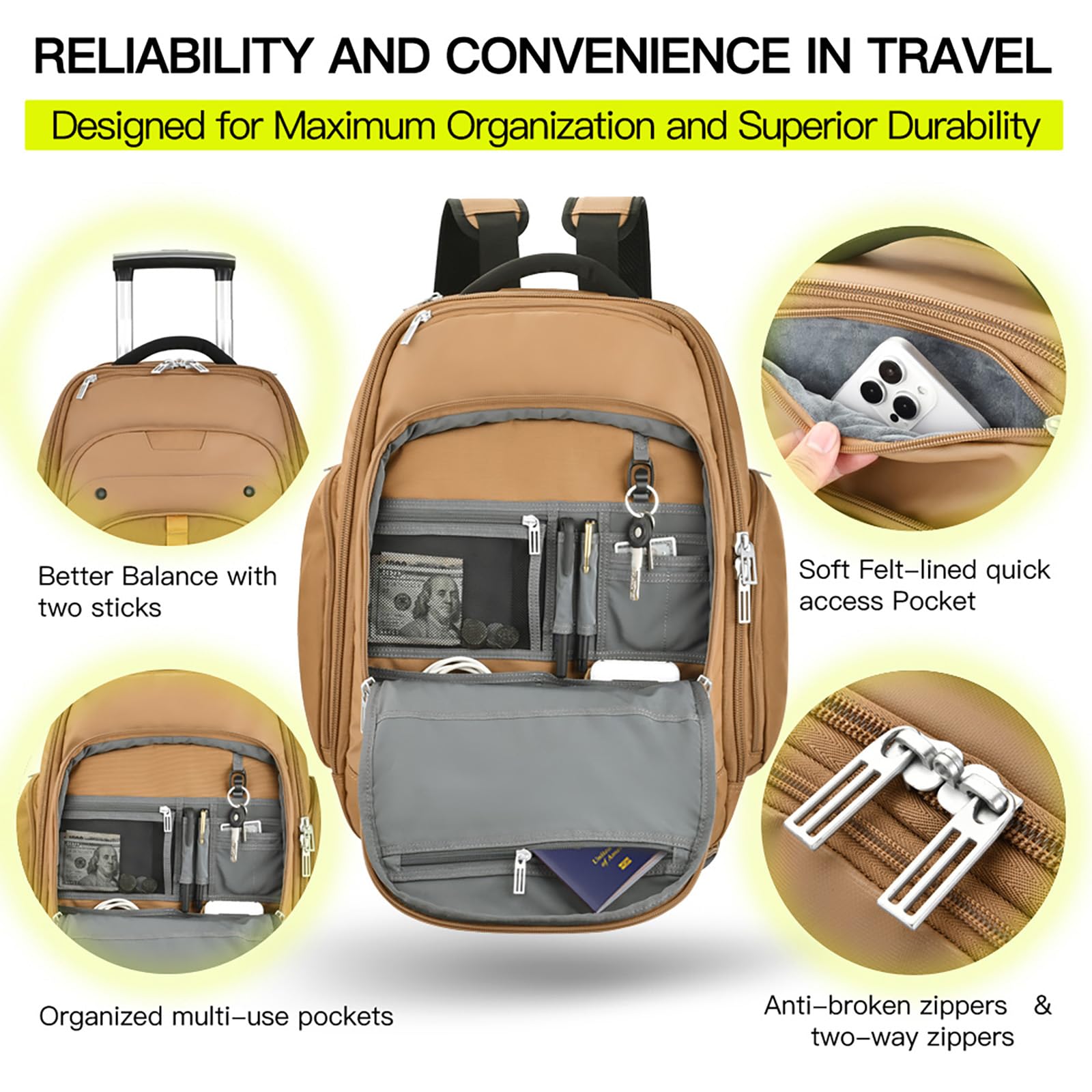 Rolling Laptop Bag with Wheels - Adjustable 13-17.3 Inch Wheeled Computer Backpack for Men & Women, Carry-on Travel Work Bag - Perfect for Business Trips, Commuting & Airplane Travel