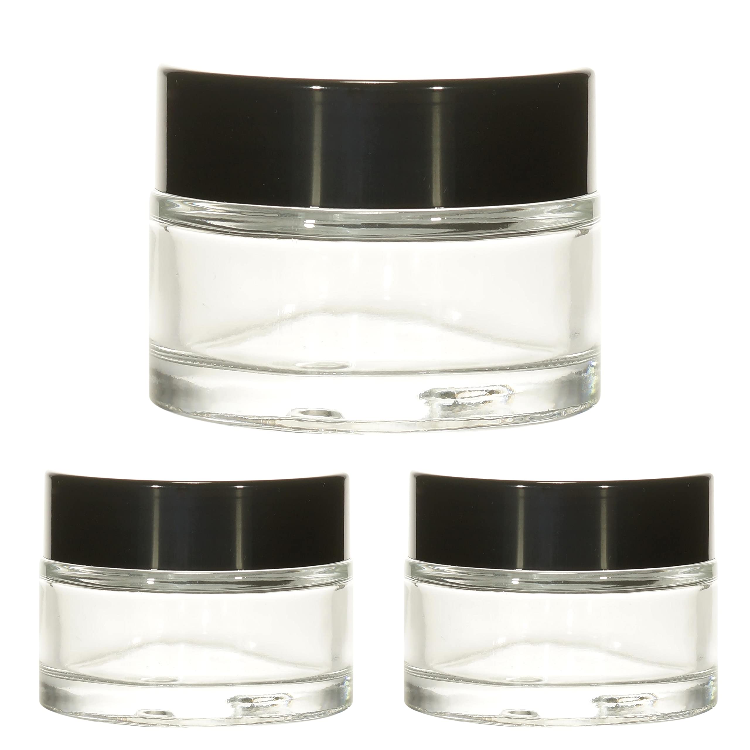 30ml Clear Round Glass Jar with Metalized Glossy Black Lid & Wad - Airtight Cosmetic Containers for Creams, Balms & DIY Beauty Products - Perfect for Skincare, Travel & Home Organization