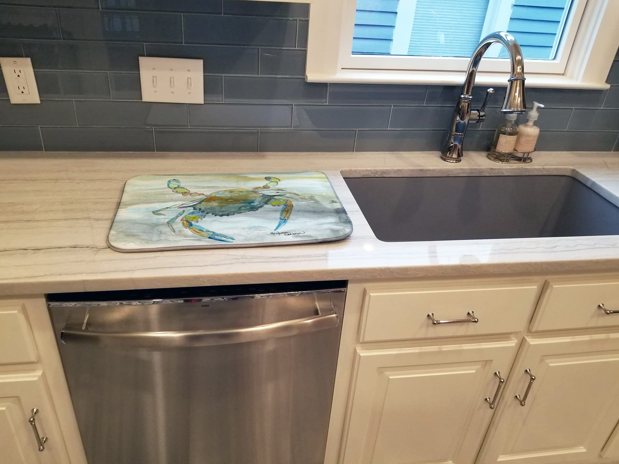 Blue Crab Watercolor Dish Drying Mat - Absorbent Kitchen Counter Mat (14x21