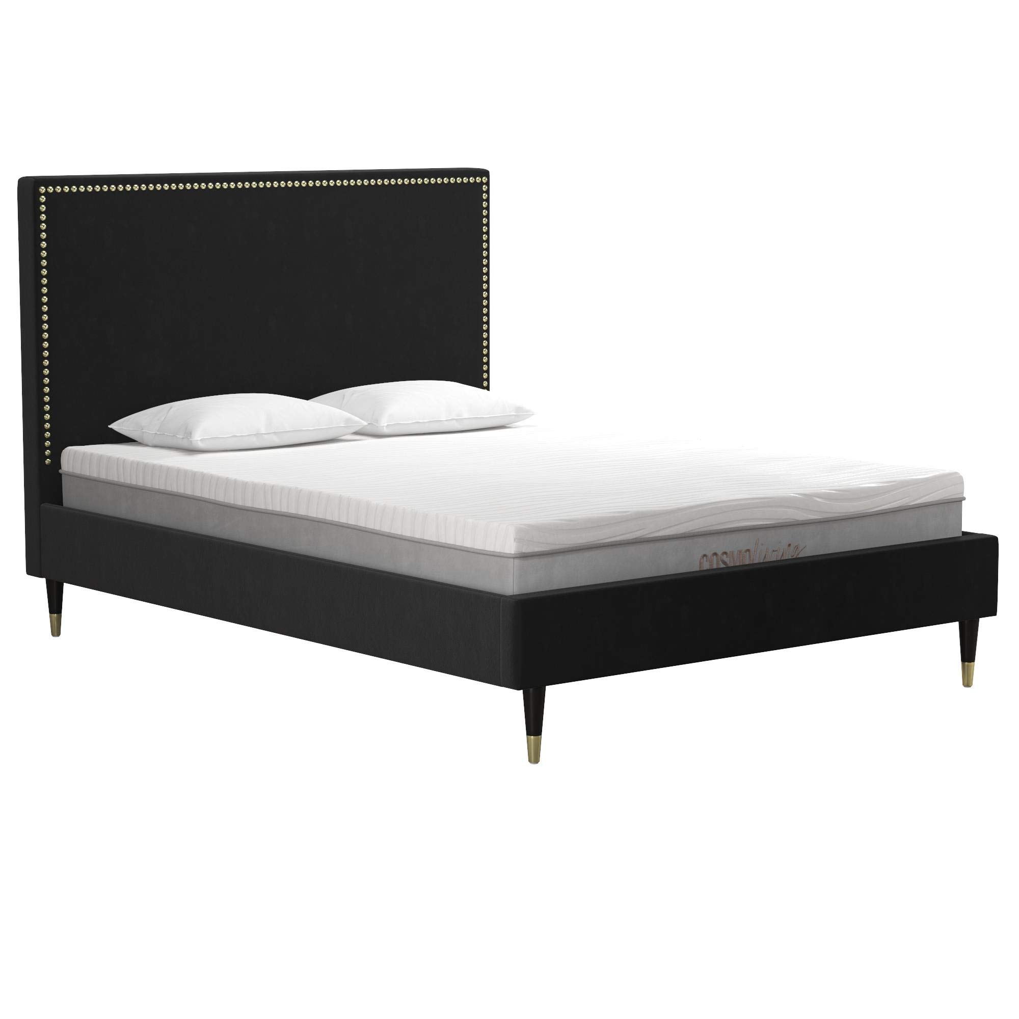 CosmoLiving by Cosmopolitan Audrey Queen Size Upholstered Bed Frame - Luxe Black Velvet Fabric for Modern Bedroom Decor | Perfect for Master Bedrooms & Guest Rooms