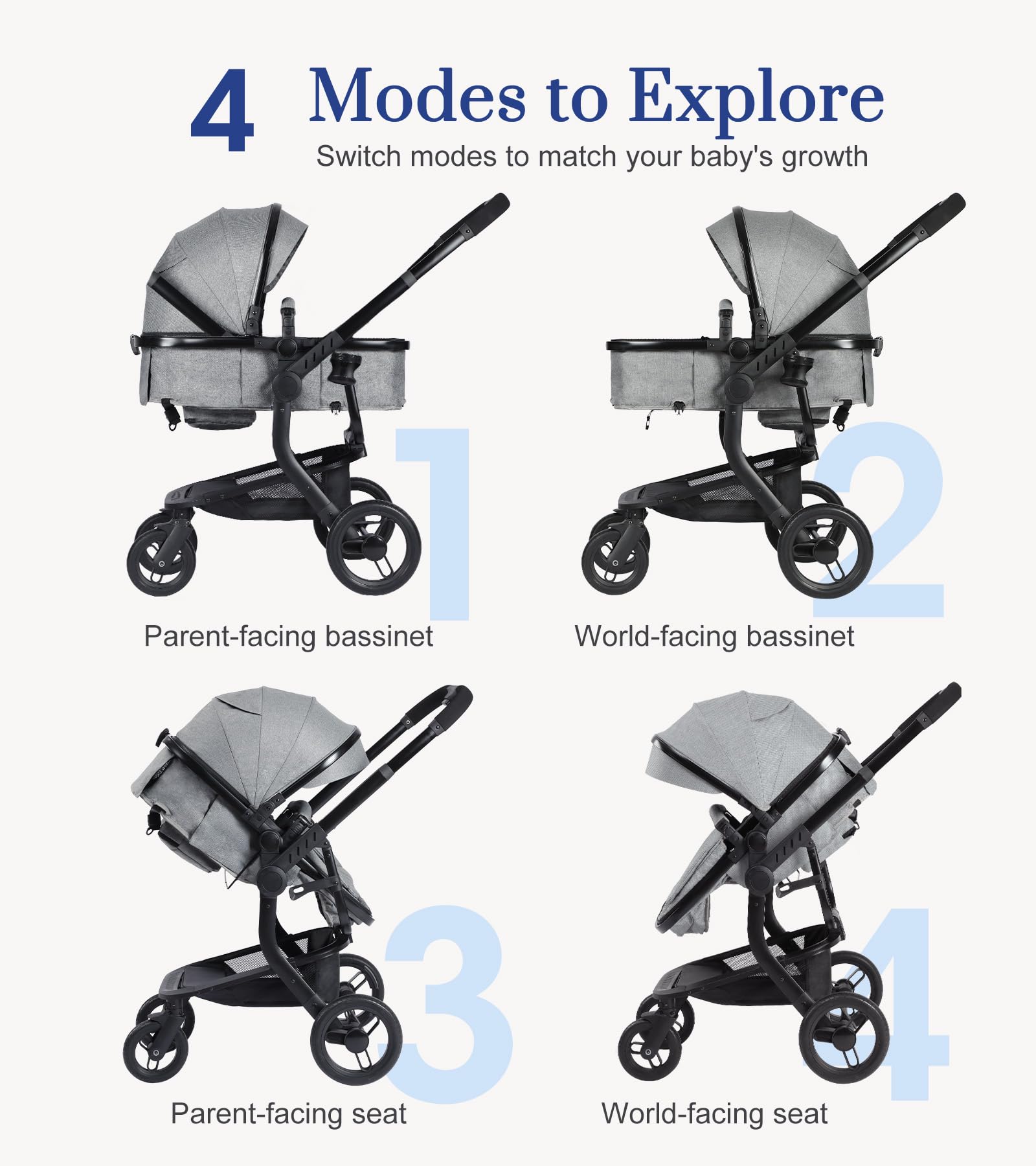 2-in-1 Convertible Baby Stroller with Aluminum Frame & Linen Fabric - Bassinet & Reversible Seat Stroller with Rubber Wheels - Foldable Infant Stroller with Adjustable Backrest & Canopy - for Newborns to 36 Months (Gray) - Perfect for Park Walks, Shopping & Travel