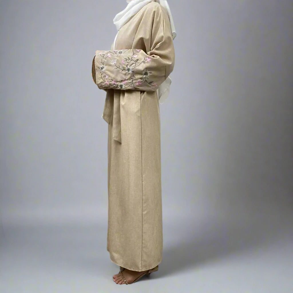 Floral Embroidery Sleeve Open Abaya Dress - Elegant Muslim Women's Kaftan for Prayer, Wedding & Special Occasions