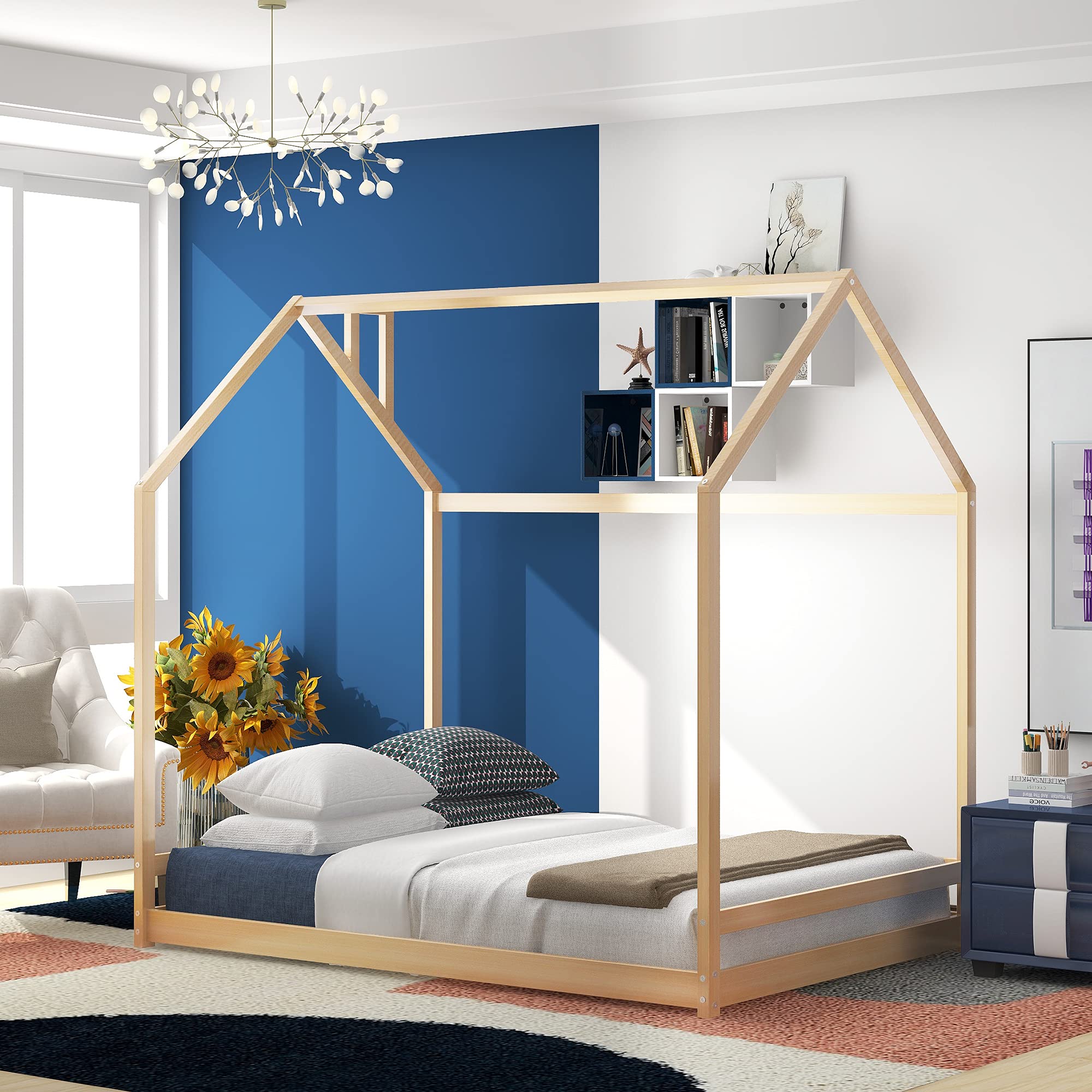 Wooden Twin House Bed Frame with Roof for Toddlers, Kids, Boys & Girls - Natural Wood Floor Bed & Tent Bed (Box Spring Needed) - Perfect for Bedrooms, Playrooms & Montessori Spaces