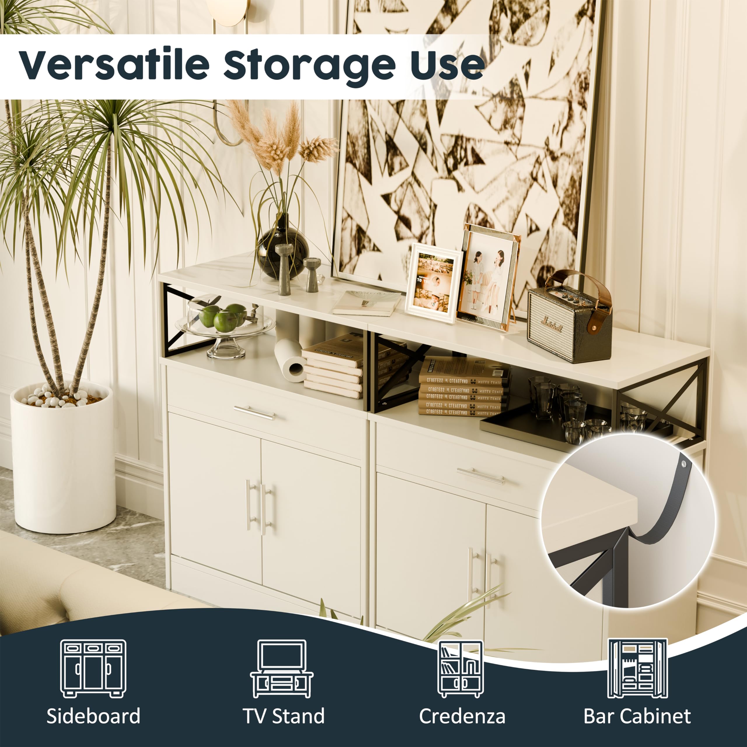 SUNLEI White Farmhouse Kitchen Buffet Cabinet with 2 Doors, 1 Drawer & Adjustable Shelves - Storage Sideboard for Dining Room, Living Room & Laundry - Perfect for Coffee Bar Setup & Home Organization