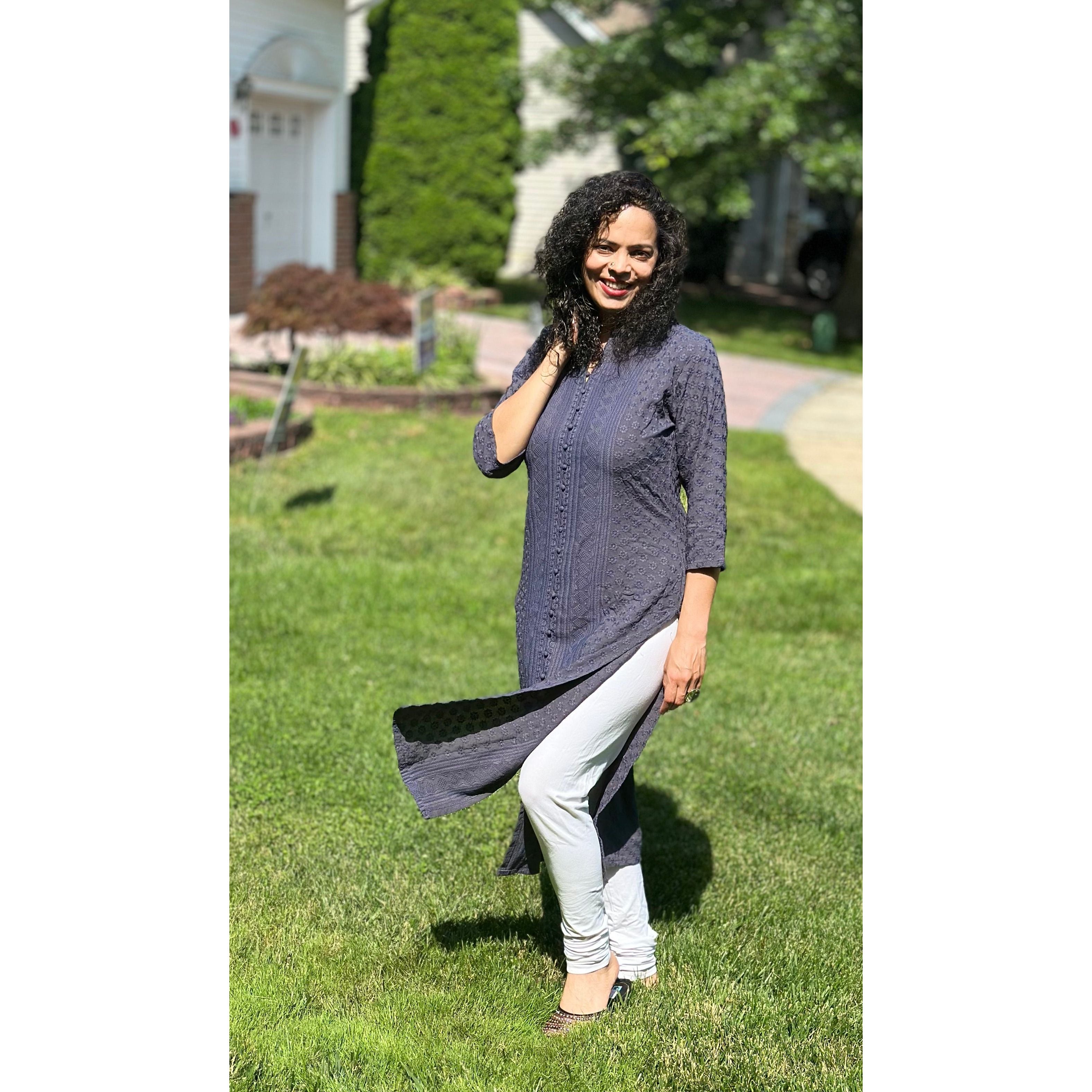 Elegant Grey Lakhnavi Chikankari Kurta for Women | Handcrafted Embroidered Cotton Tunic | Perfect for Festivals, Weddings & Casual Wear