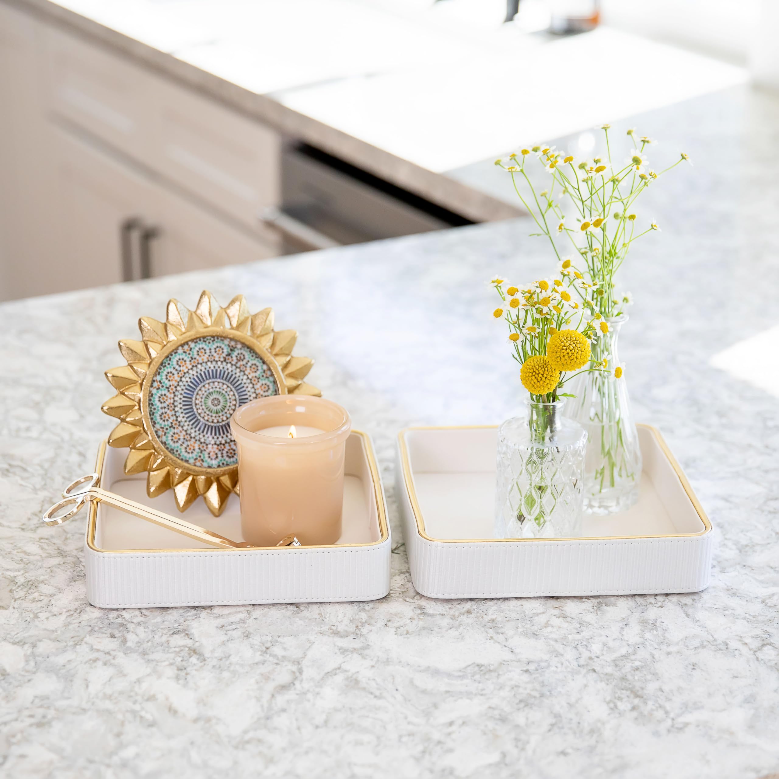 White Leather Nightstand Tray Organizer - Small Bedside Valet Tray for Women | Key & Jewelry Catchall Bowl | Entryway Table & Dresser Top Perfume Holder | Perfect for Bedroom, Vanity & Home Decor Organization