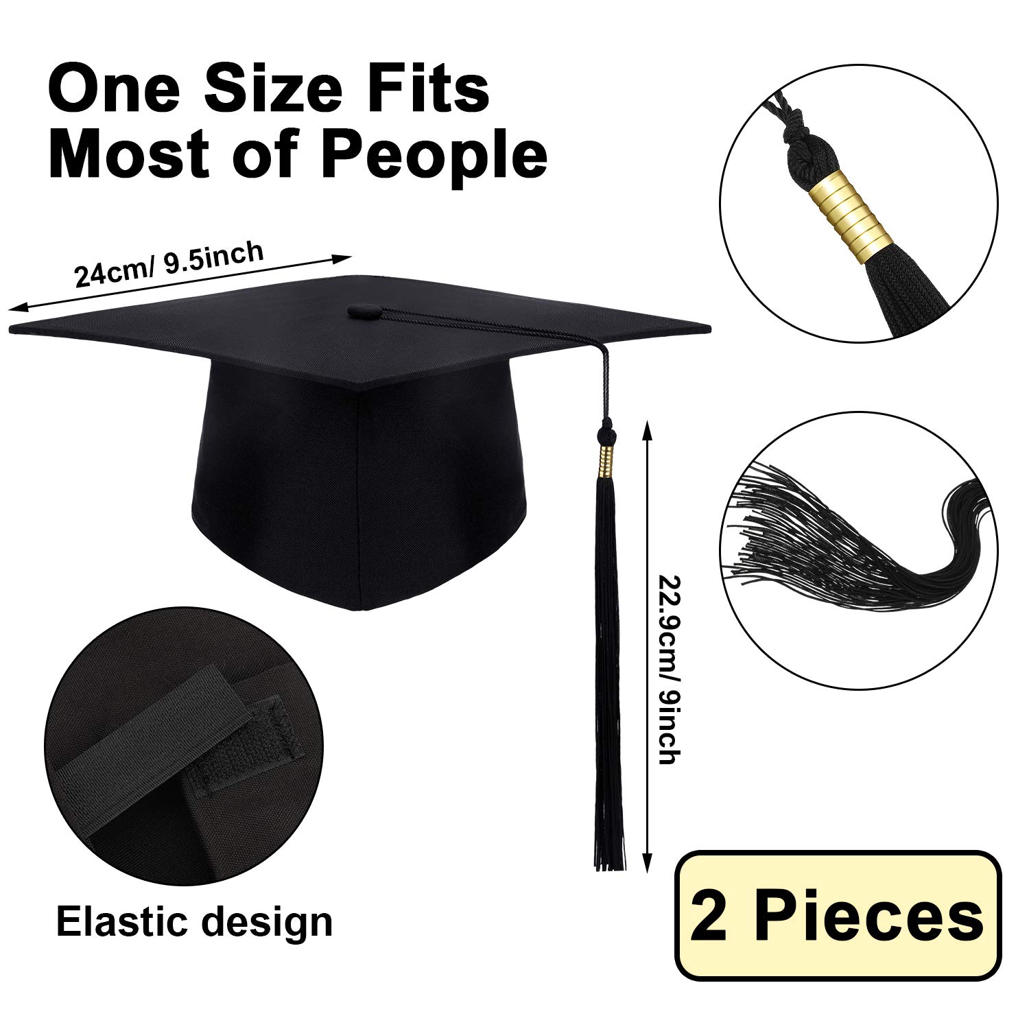 SATINIOR 2 Pack Unisex Graduation Cap & Gown Hat with Adjustable Tassel - Black Commencement Accessories for College, High School & University Graduation Ceremonies