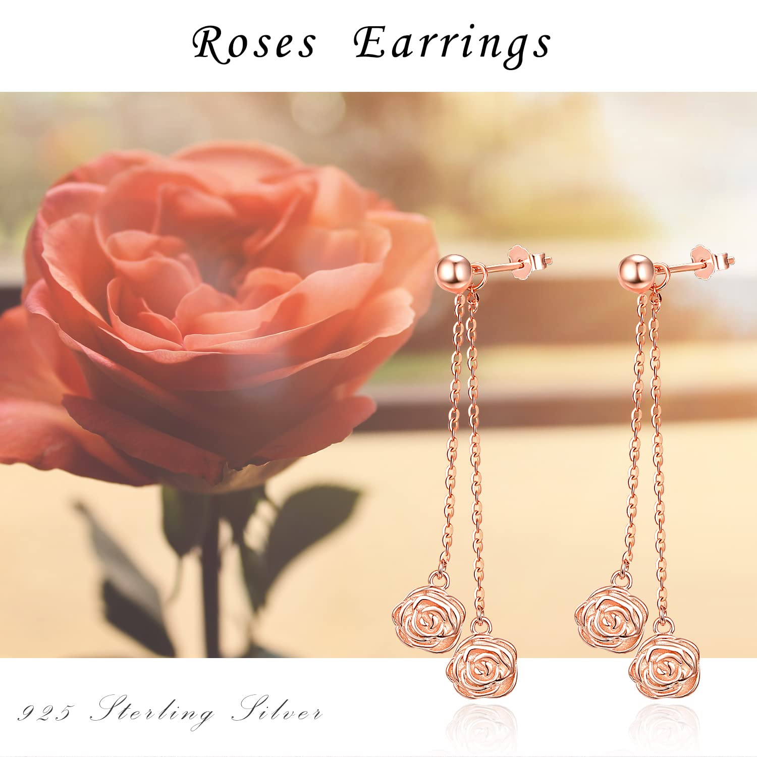 Sterling Silver Rose Dangle Earrings for Women - Elegant Double Long Chain Drop Earrings, Perfect Valentine's Day Gift, Birthday Present & Anniversary Jewelry - Ideal for Date Nights, Weddings and Special Occasions