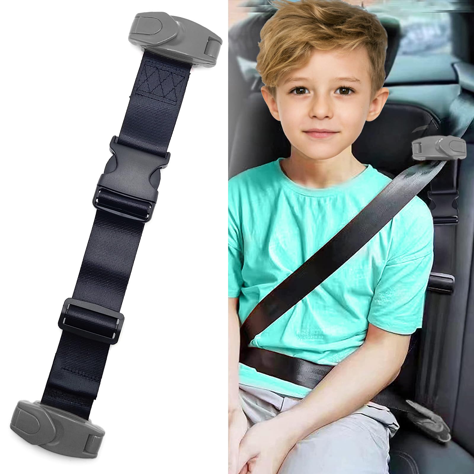 Kids Car Seat Belt Adjuster with Safety Clips - Adjustable Shoulder Strap for Child & Adult Comfort - Neck Support for Safe Travel & Long Drives - Perfect for Road Trips, School Commutes & Family Vacations (Grey)