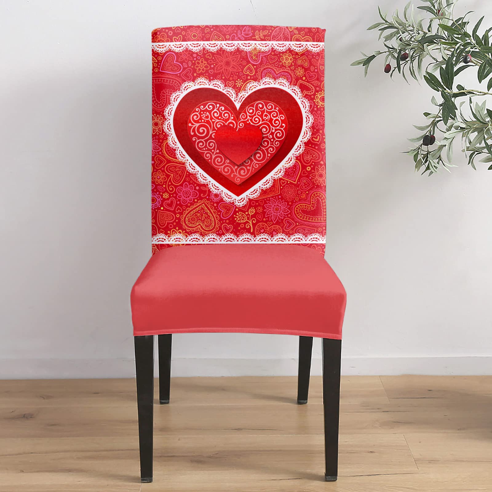 Valentine's Day Removable Stretch Chair Covers Set of 8 - Washable Furniture Protector for Adults, Kids & Pets - Red Heart Lace Edge Slipcovers - Perfect for Dining Chairs, Living Room & Party Decor