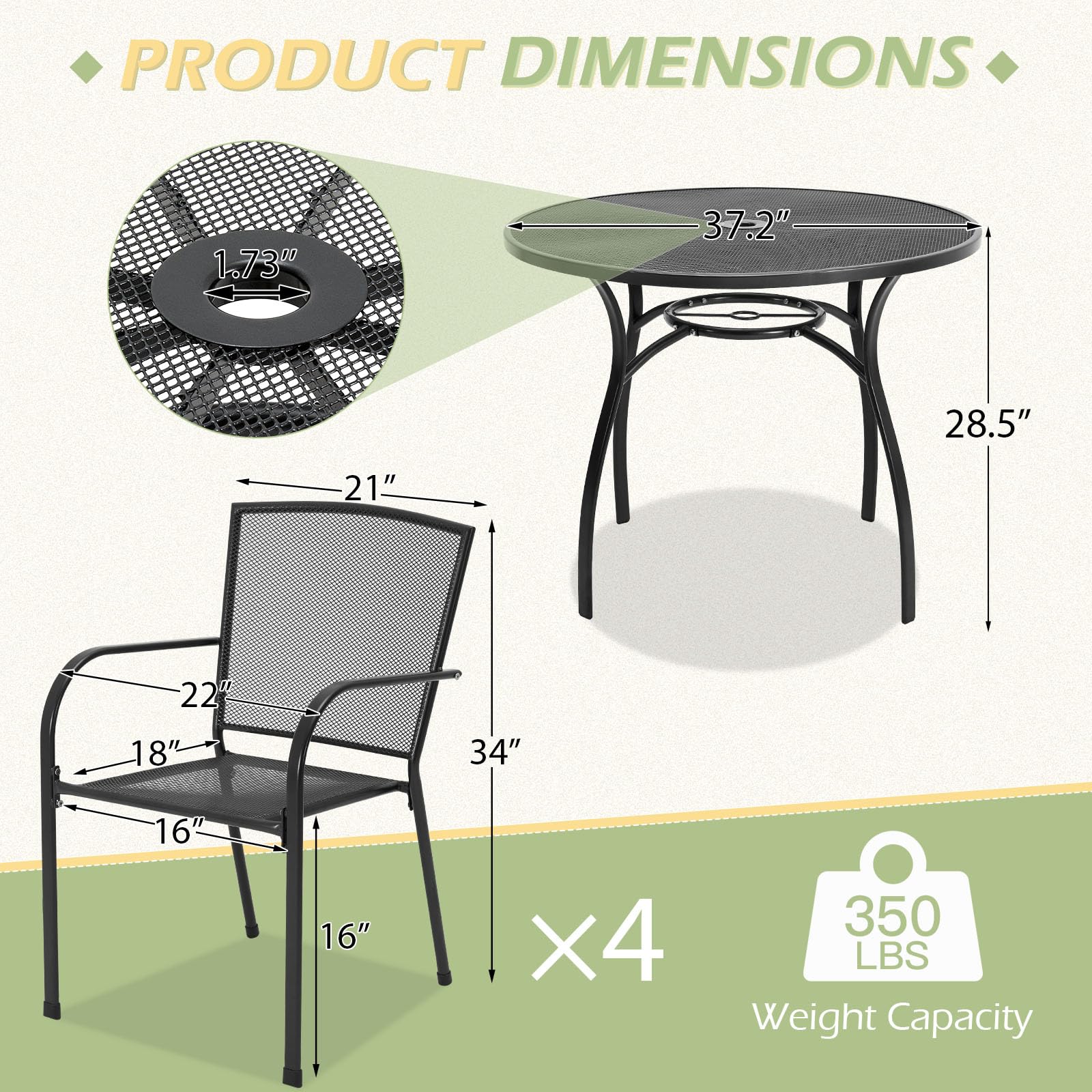 U-MAX 5-Piece Metal Outdoor Dining Set - Round Patio Table with Umbrella Hole & 4 Stackable Chairs for Garden, Deck, Bistro - Perfect for Backyard BBQs, Poolside Gatherings & Outdoor Entertaining