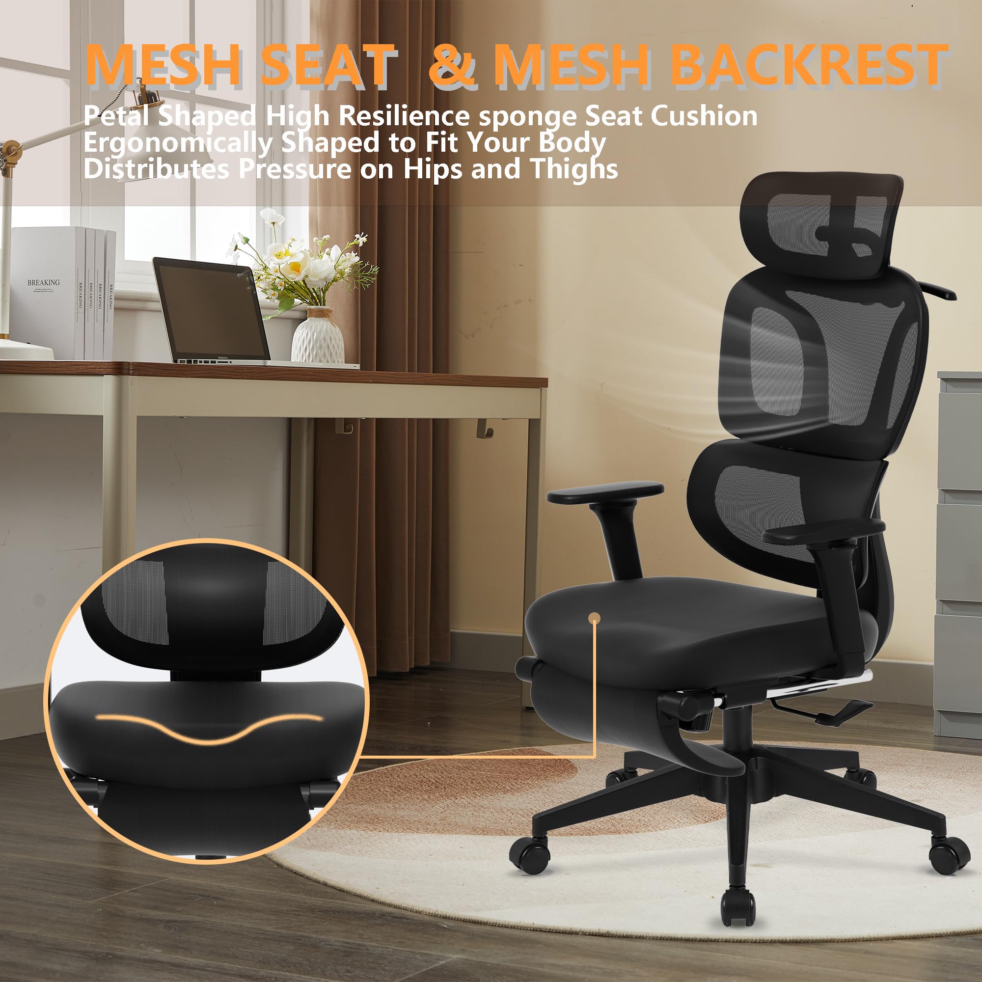 FLEXISPOT Big and Tall Ergonomic Mesh Office Chair - Adjustable Computer Desk Chair with Footrest, Lumbar Support & 360° Swivel - Black Mesh Executive Chair for Home Office & Gaming Setup