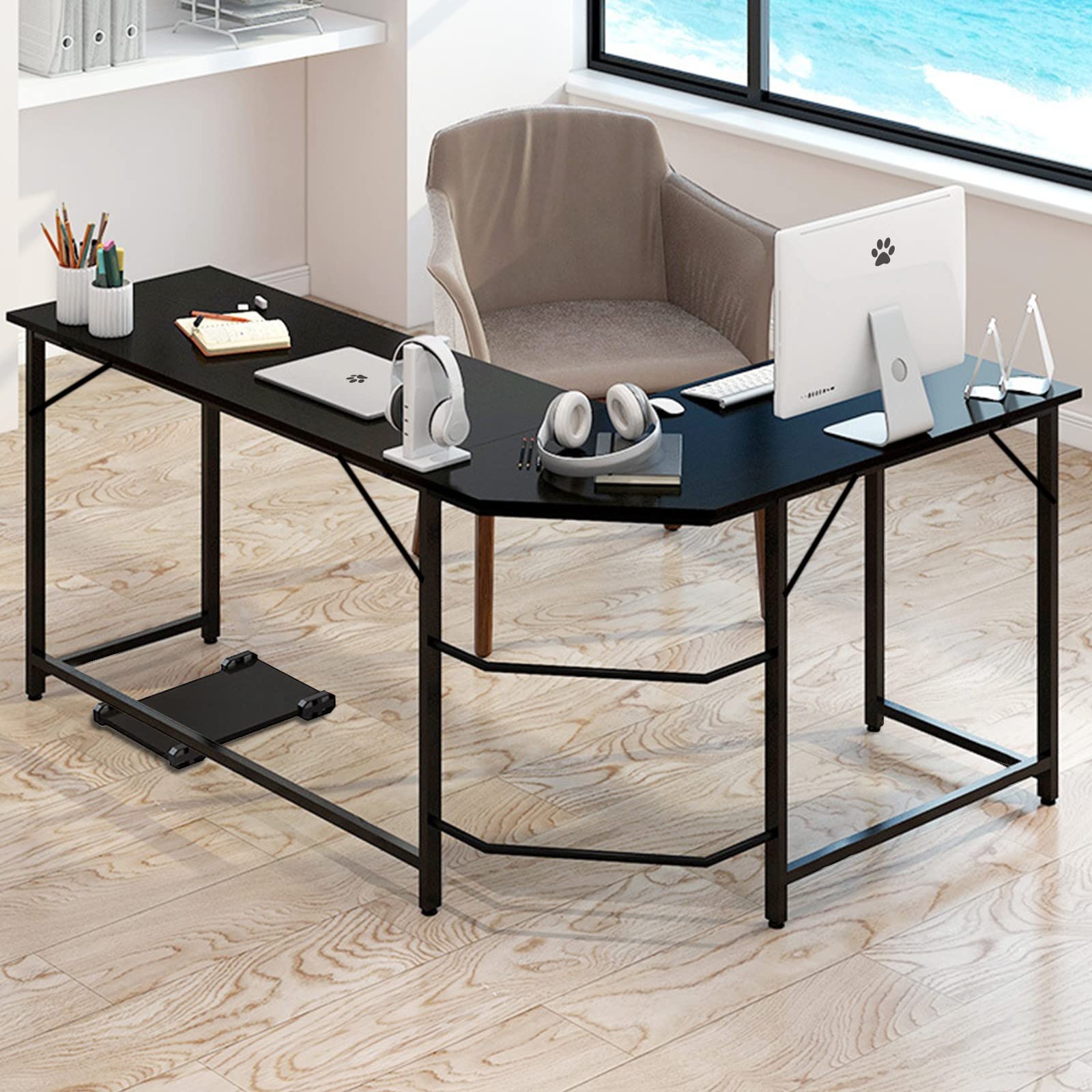 Ergonomic L-Shaped Gaming Desk with Heat & Massage Features - Black Computer Corner Desk for Home Office, Study & Workspace - Large PC Table with Built-in USB Ports & Cable Management (Perfect for Gaming, Remote Work & Study Sessions)