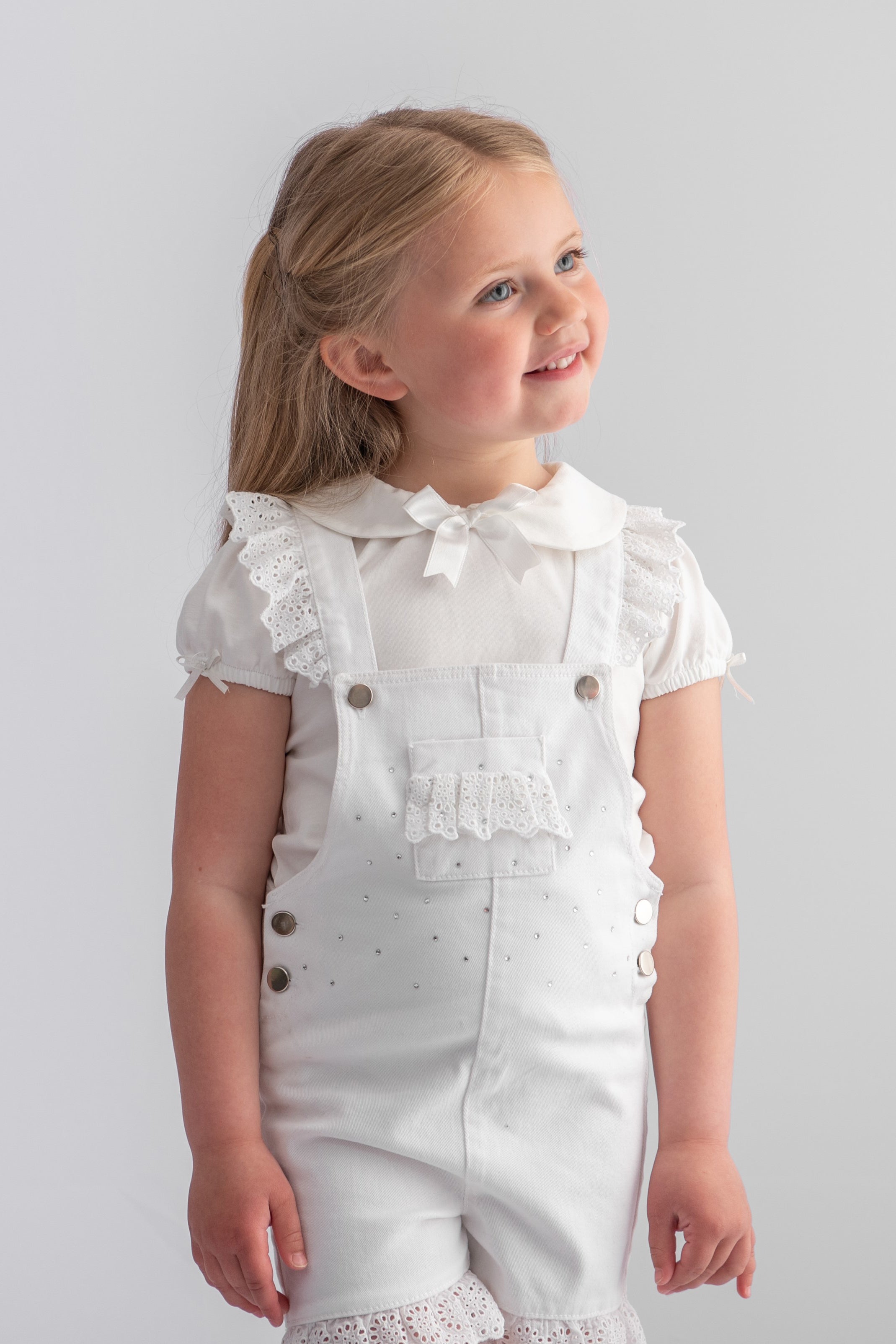 Penelope White Diamanté Denim Dungarees for Women - Stylish Rhinestone Embellished Overalls, High Waist Distressed Jeans Jumpsuit - Perfect for Casual Outings, Parties & Date Nights