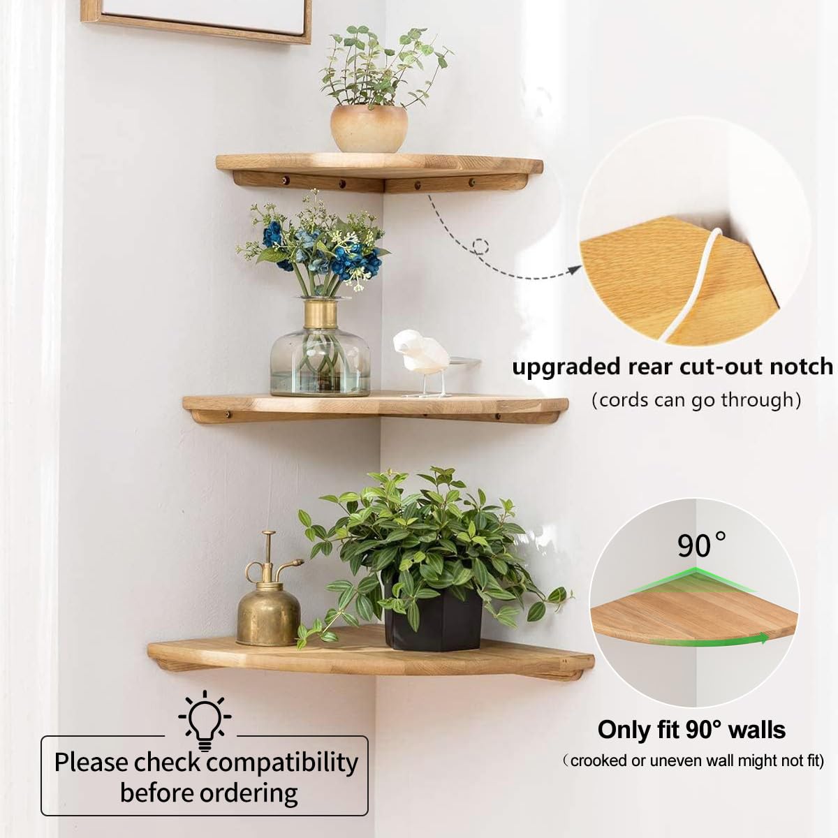 7 Inch Solid Oak Wood Floating Corner Shelf - Wall Mount Round End Speaker Shelf with Wire Hole for Small Plants, Photo Frames - Perfect for Bedroom, Kitchen & Living Room Decor