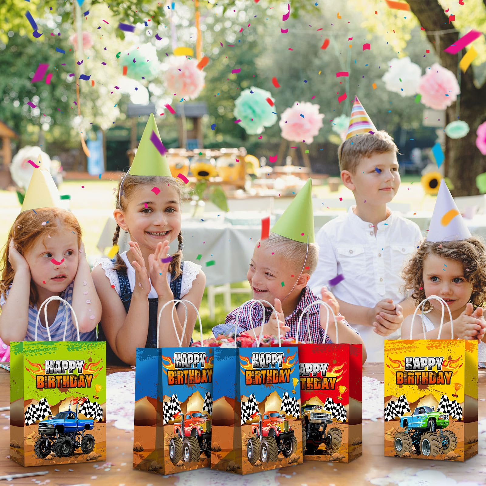Monster Truck Party Favor Bags - 16 Pcs Racing Truck Themed Paper Gift Bags for Candy & Treats | Perfect for Kids Birthday Parties, Goodie Bags & Themed Events