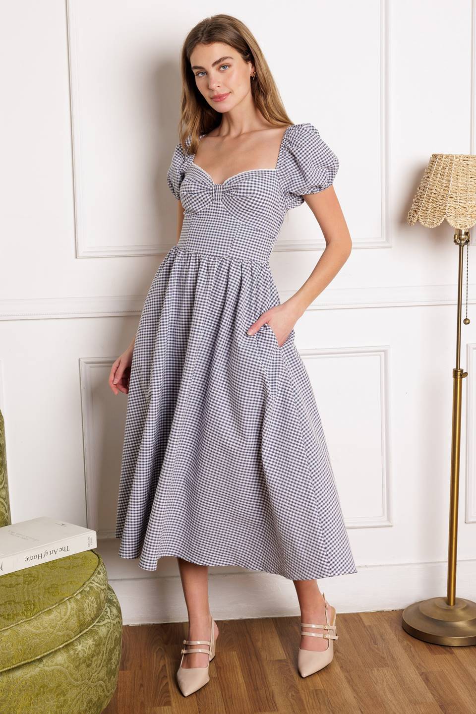 DOROTHY'S DREAM Navy Blue Gingham Puff Sleeve Midi Dress - Perfect for Summer Picnics, Garden Parties & Casual Outings