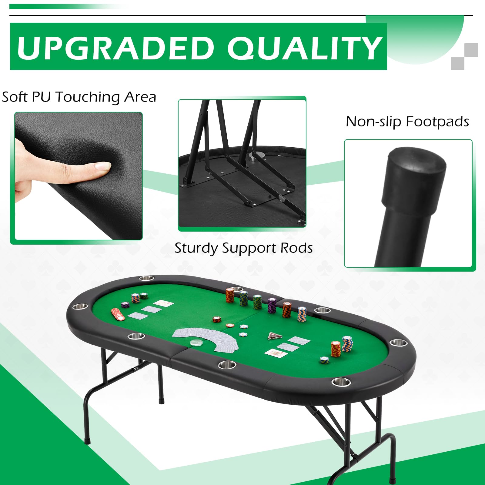ECOTOUGE Foldable Poker Table for 8 Players - Portable Blackjack & Casino Game Table with Stainless Steel Cup Holders & Storage Bag | No Assembly Required | Perfect for Texas Hold'em, Home Game Nights & Casino-Themed Parties (Green)