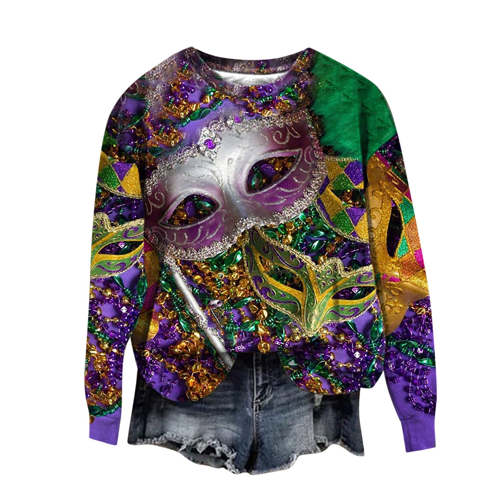 Funny Mardi Gras T-Shirts for Women - Carnival Graphic Print Long Sleeve Crewneck Blouse - Lightweight Comfortable Shirt for Party, Festival & Costume Events