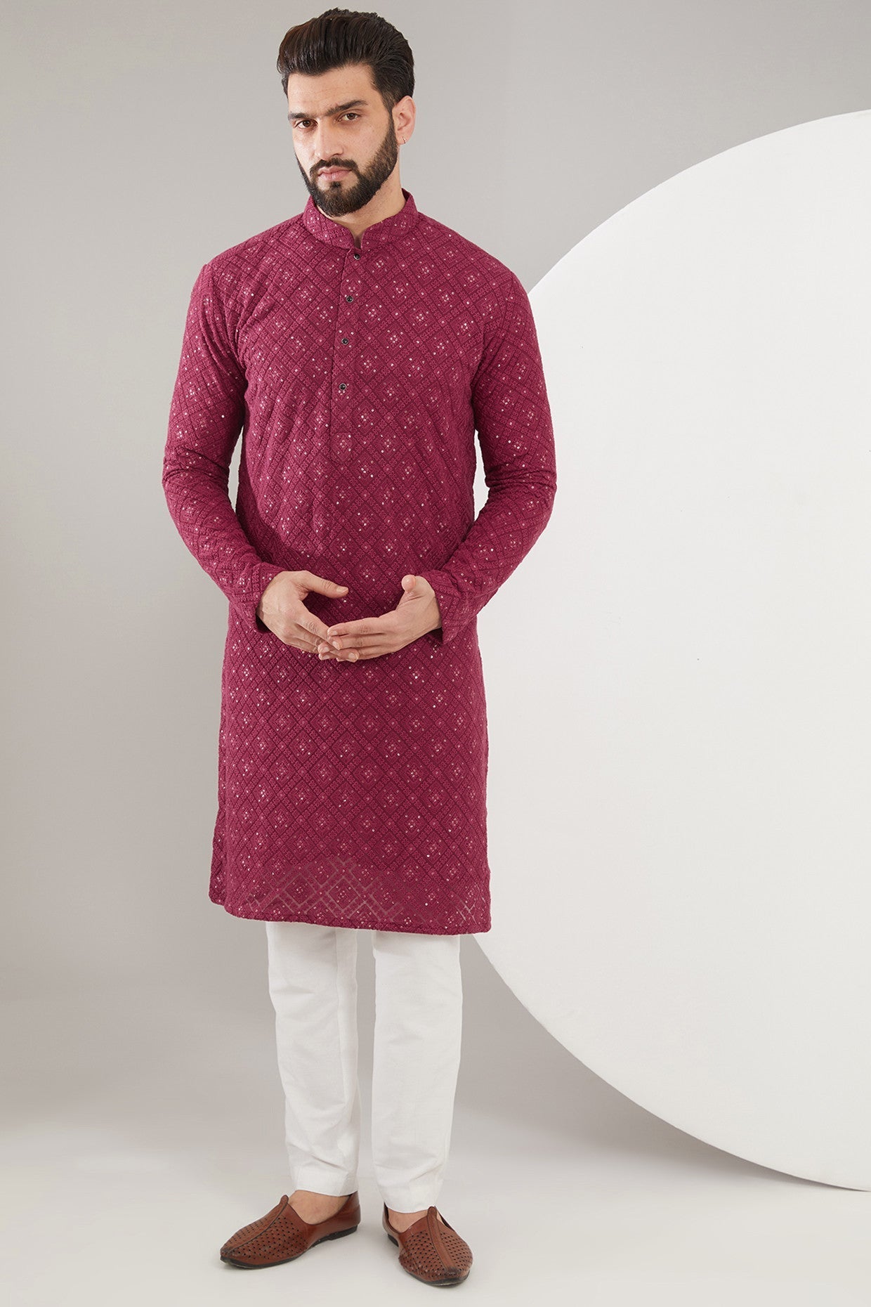 Elegant Maroon Chikankari Kurta with Heavy Thread & Sequined Embroidery | Traditional Indian Ethnic Wear for Women | Perfect for Festivals, Weddings & Special Occasions