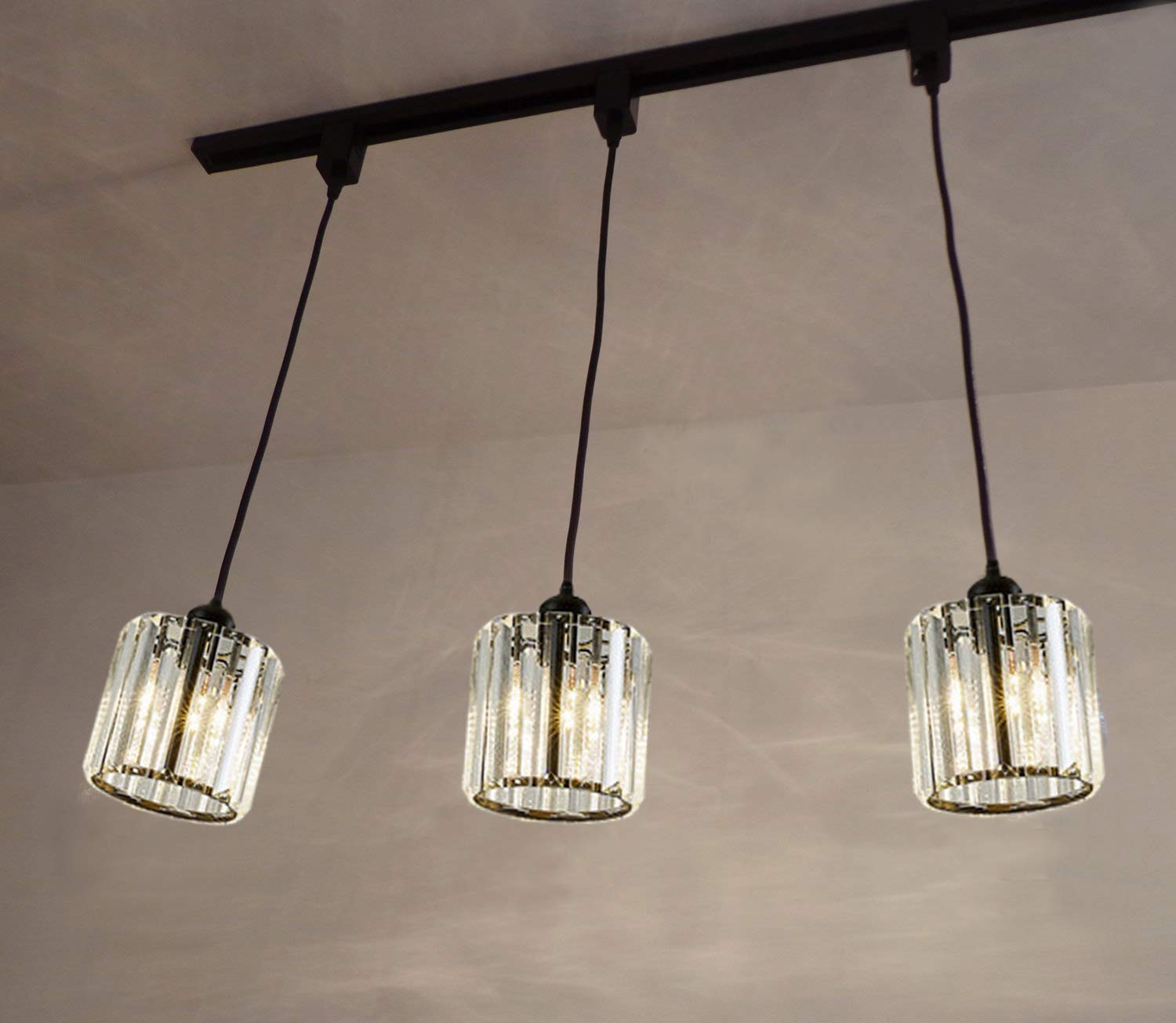Kiven 3-Lights Track Lighting System - Modern Crystal Pendant Light Fixture for Kitchen Island, Counter, Bar, Dining Room & Bedroom - Matte Black Finish Cylinder Chandelier - Perfect for Ambient and Task Lighting in Home & Commercial Spaces
