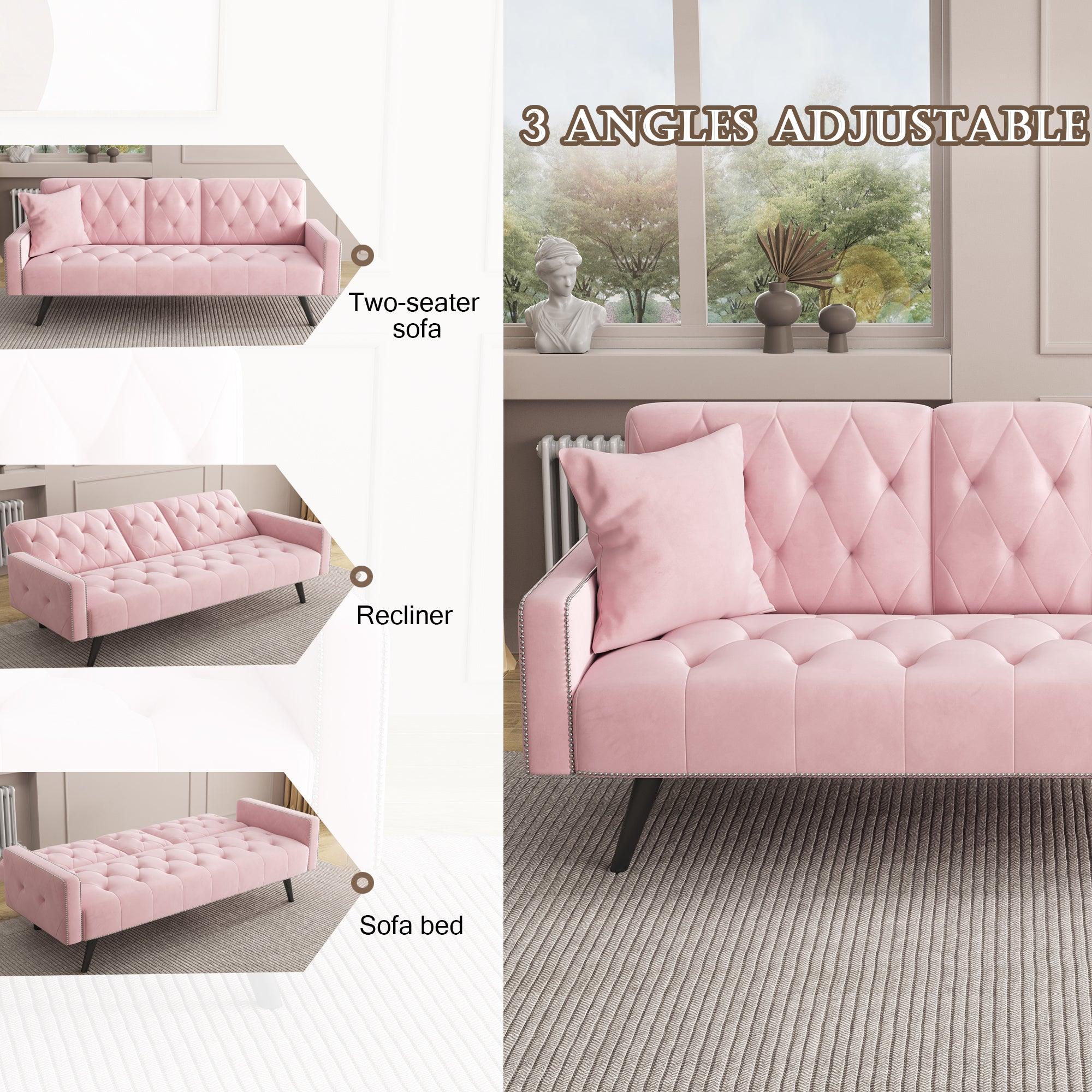 1730 Pink Velvet Sofa Bed with Nail Head Trim & Cup Holders - 72