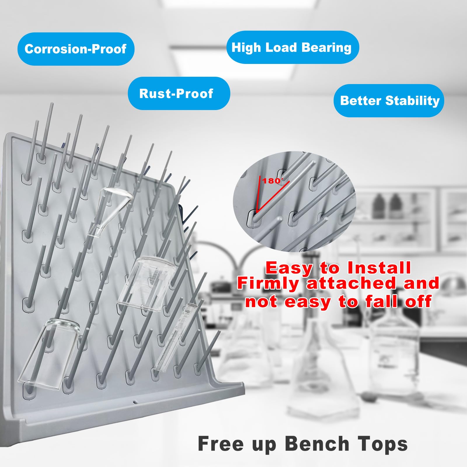 52-Peg Lab Drying Rack - Wall Mount Grey Laboratory Cabinet for Glassware & Utensils | School Science Lab Equipment with Hidden Installation | Perfect for Chemistry Labs & Research Facilities