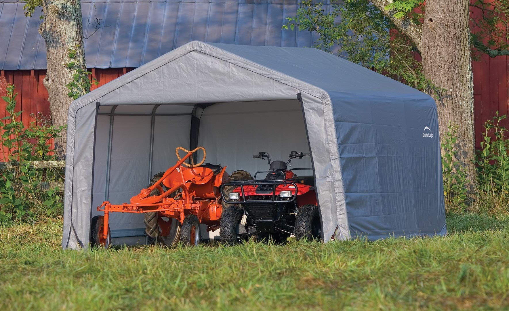 ShelterLogic 12' x 12' All-Season Steel Outdoor Storage Shed with Waterproof Cover & Heavy-Duty Anchors - Weatherproof Metal Shed for Garden Tools, Pool Equipment & Backyard Storage (Peak Roof Design)