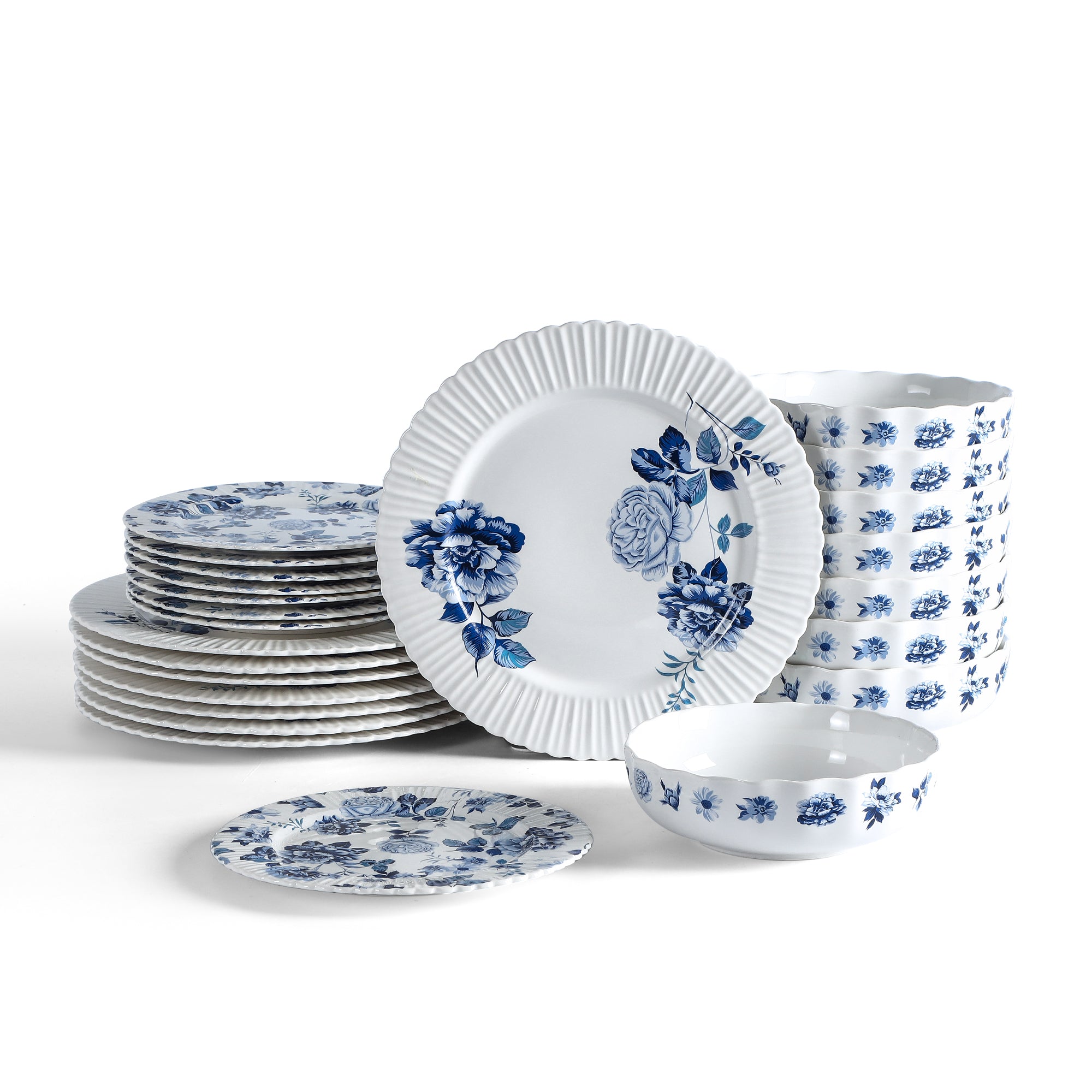 Premium Stone Lain Fiore Bone China 12-Piece Dinnerware Set - Elegant Blue Porcelain Tableware for Formal Dining & Special Occasions