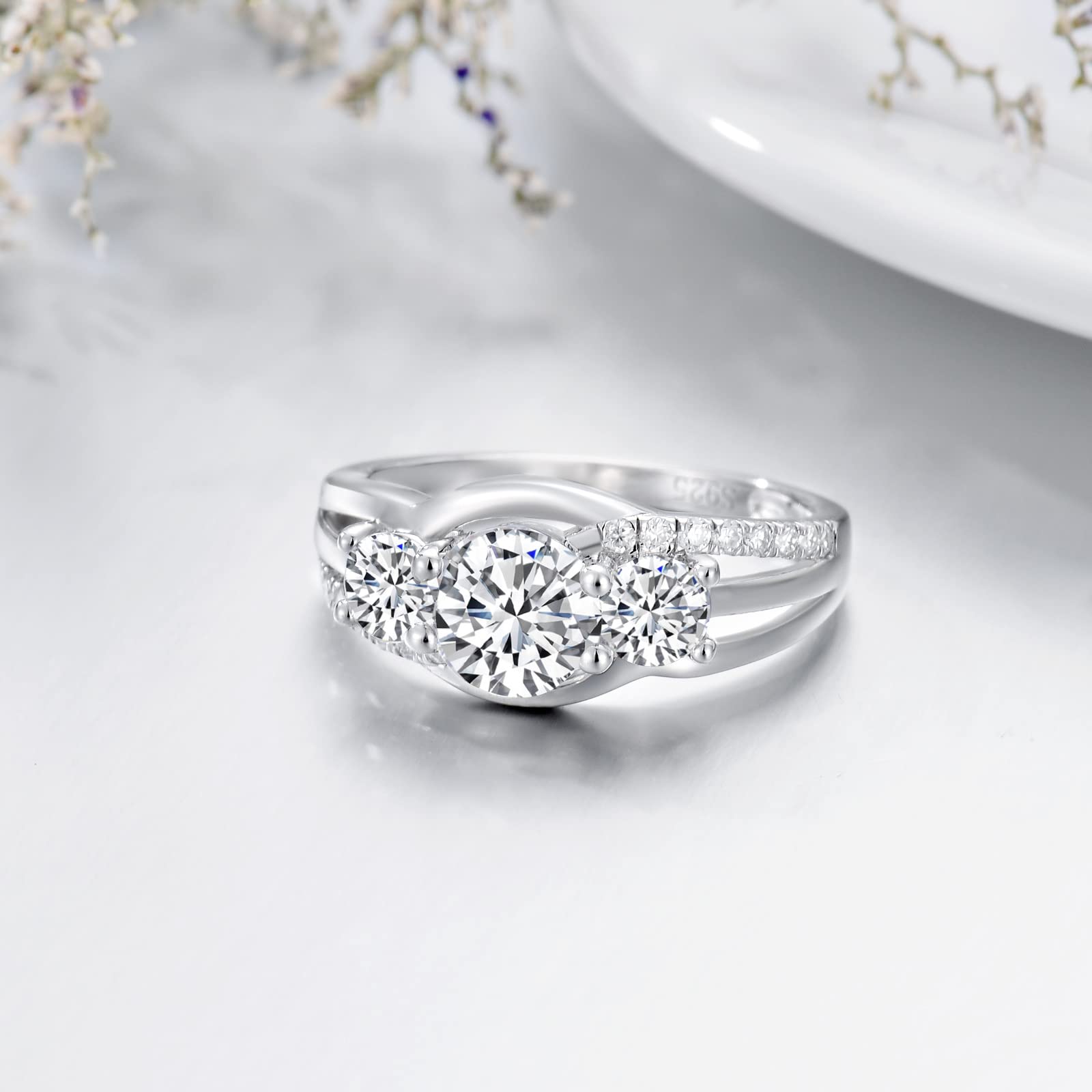 3 Stone Moissanite Engagement Ring for Women - 1CT Center Brilliant Cut Moissanite in 925 Sterling Silver/White Gold - Wedding, Proposal & Anniversary Jewelry Gift for Her