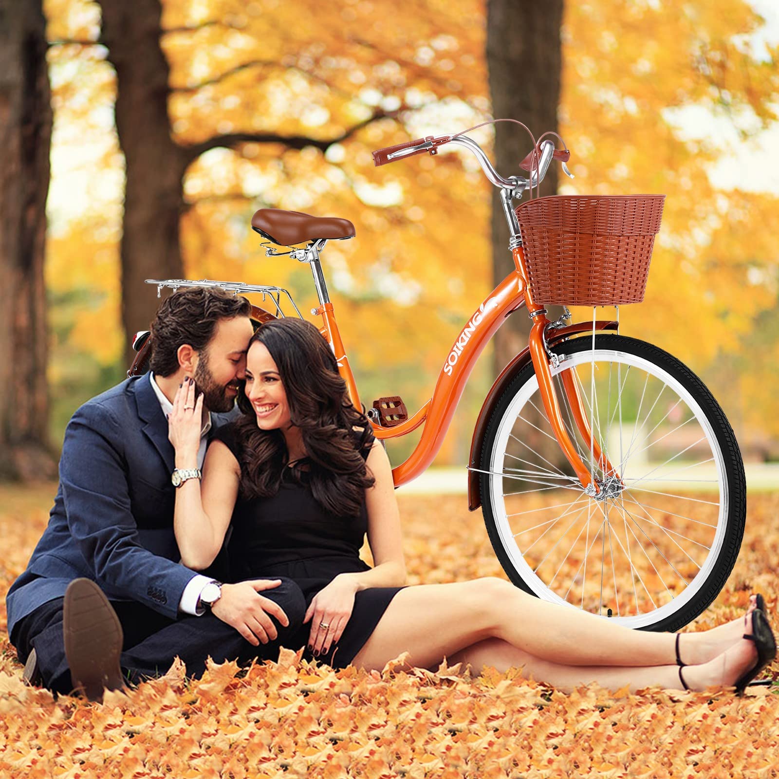 **26 Inch Women's Cruiser Bike - 1 Speed Classic Retro Style Bicycle with Basket & Comfortable Seat - Perfect for Beach Rides, Commuting & Leisure Cycling (Orange, 584)**
