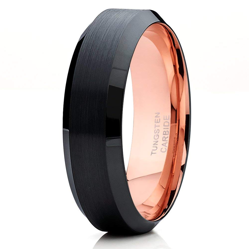 6mm Rose Gold Tungsten Wedding Band - 18k Rose Gold Plated Black Tungsten Ring for Men & Women - Comfort Fit Beveled Edge Anniversary Ring - Perfect for Weddings, Engagements & Special Occasions