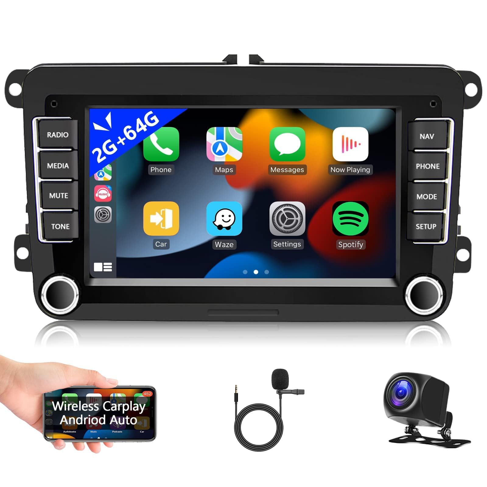 2+64GB Android Car Stereo with Wireless CarPlay/Android Auto - 7 Inch Touchscreen GPS WiFi Bluetooth FM Head Unit for VW Jetta/Passat/Tiguan/CC/Golf/Skoda - Compatible with Backup Camera | Perfect for Road Trips & Daily Commuting