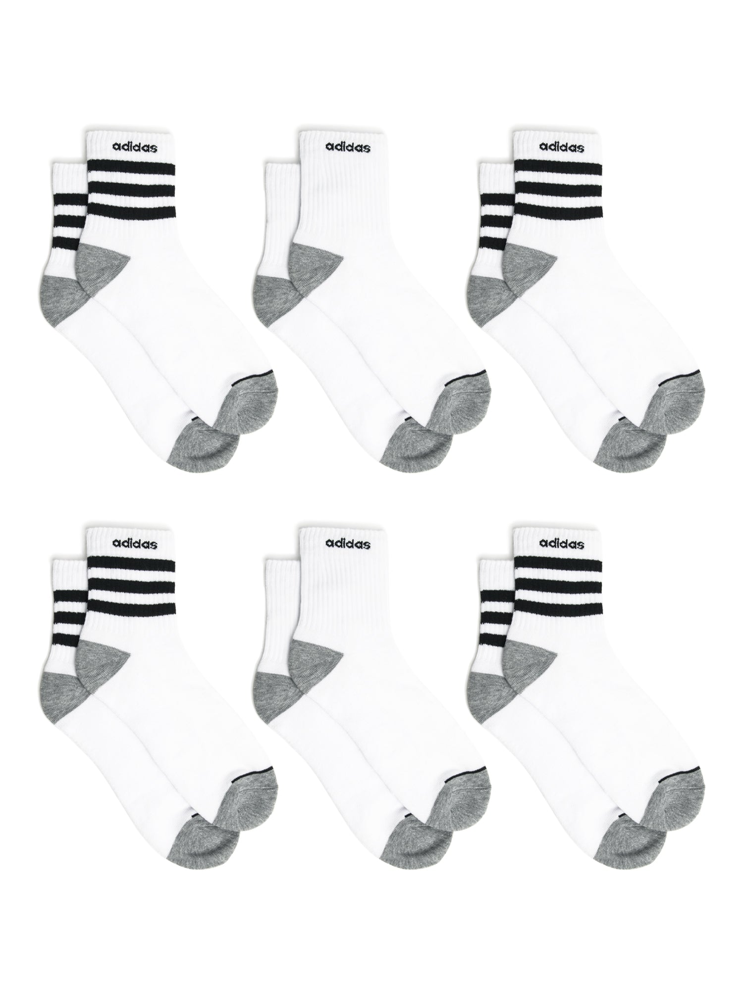 Adidas Cushioned 3-Stripe 6-Pack Quarter Socks for Men - Comfortable Athletic Socks for Running, Gym & Everyday Wear