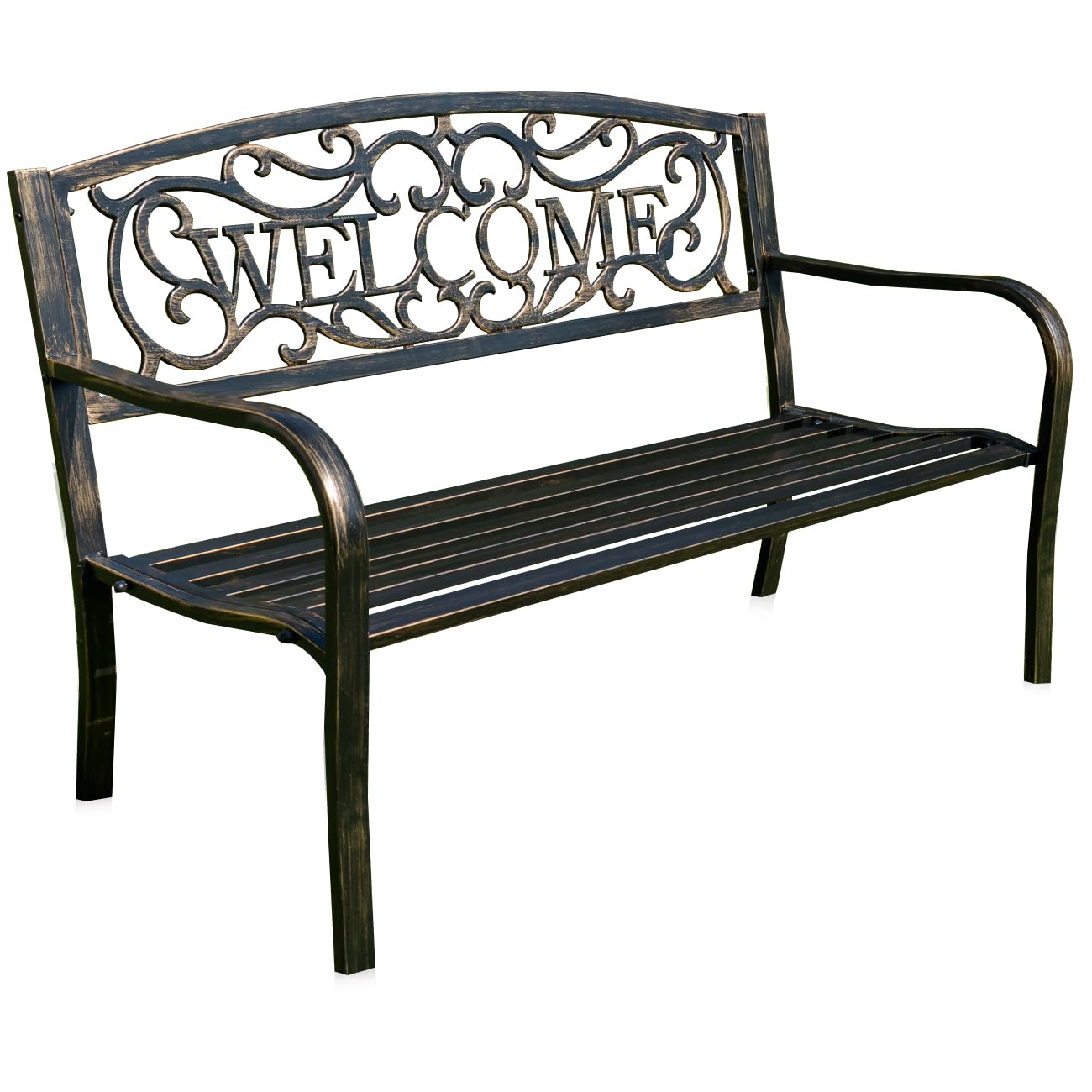 BELLEZE 50 Inch Outdoor Garden Bench - Cast Iron Metal Loveseat with Armrests for Park, Yard, Porch, Lawn, Balcony | Antique Patio Furniture Welcome Design in Brown | Perfect for Relaxing in Gardens, Backyards and Outdoor Spaces