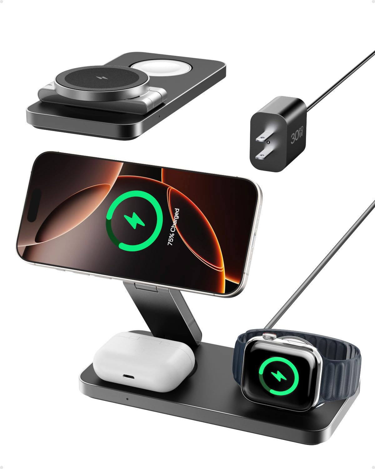 Intoval Qi2 3-in-1 Foldable Magnetic Wireless Charging Station - 15W Fast Charger for iPhone 16/15/14/13/12 with Magsafe, Apple Watch & AirPods (Includes 30W Adapter, Black) | Perfect for Home, Office & Travel Charging