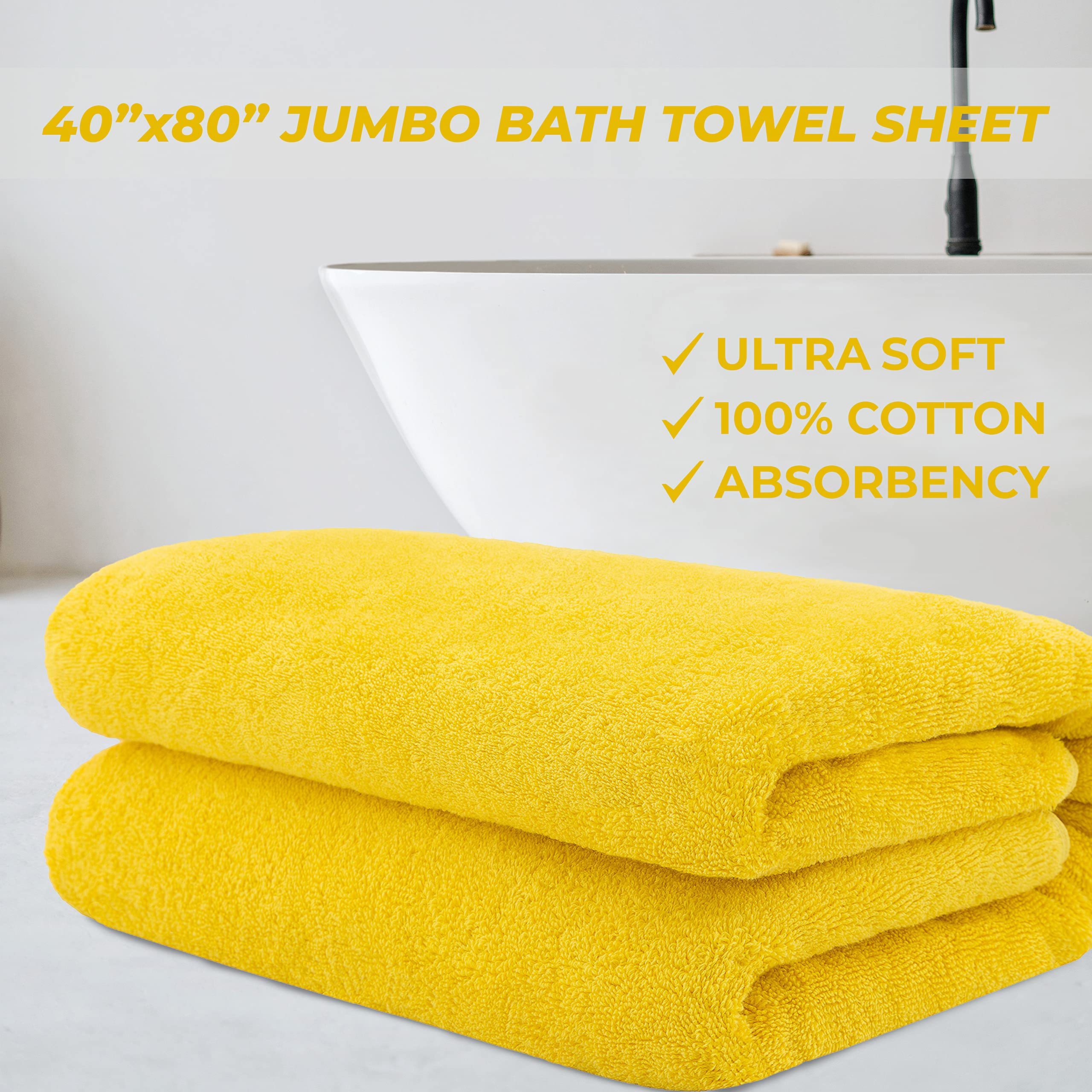 100% Cotton Oversized Bath Sheet 40x80 - Extra Large Turkish Bath Towel for Bathroom, Spa & Pool | Soft & Absorbent Yellow Bathsheet for Luxury Home & Hotel Use