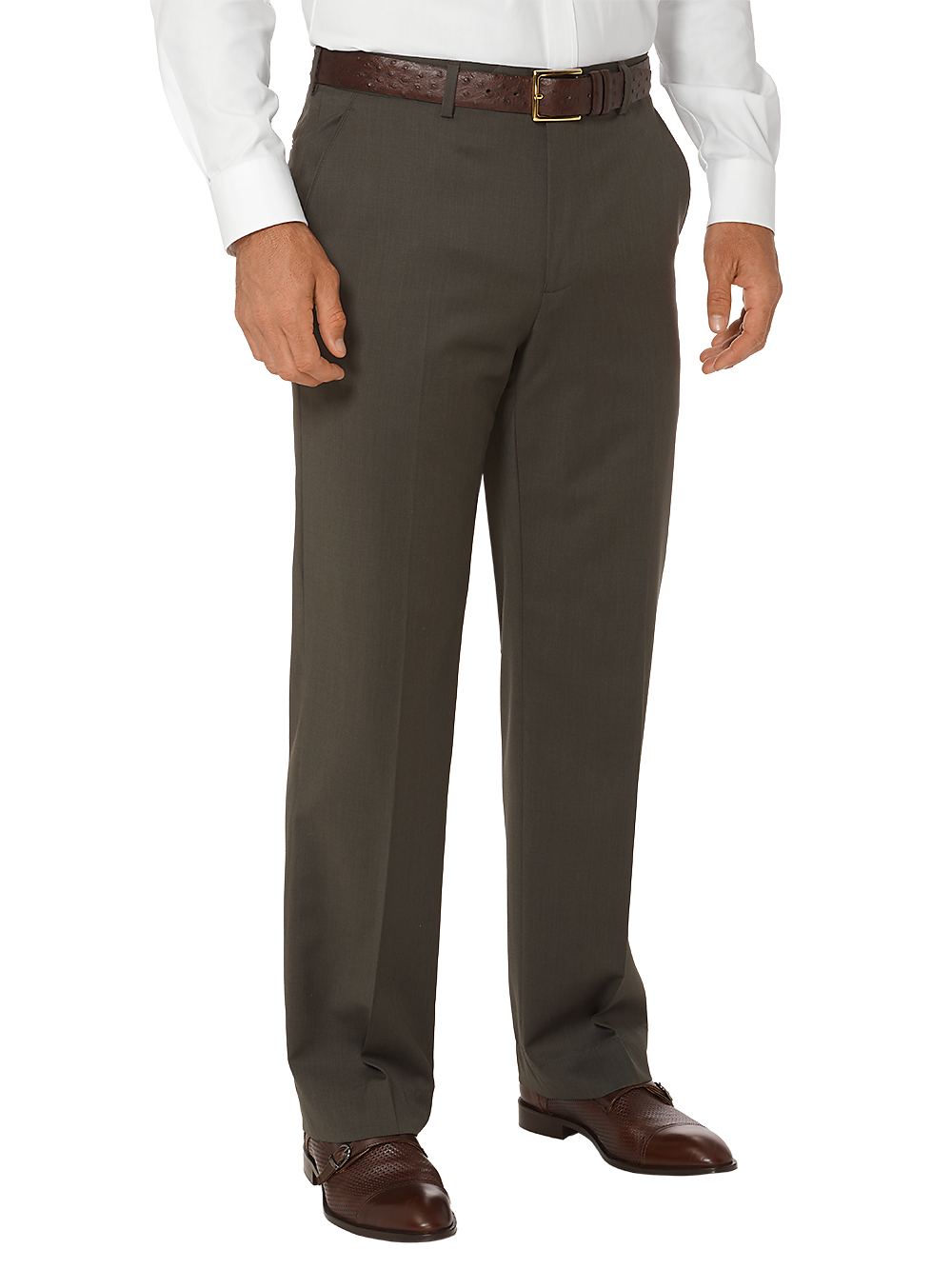 Tailored Fit Wool Gabardine Flat Front Pants for Men - Olive Green Classic Dress Pants for Office, Business & Formal Occasions