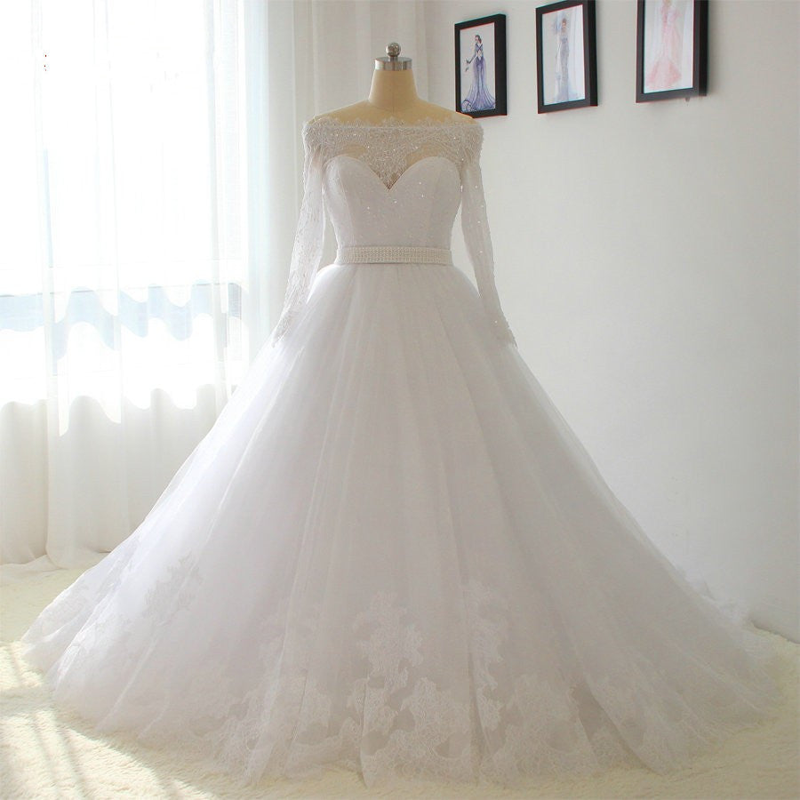 Elegant A-Line Off-The-Shoulder Long Sleeve Wedding Dress with Lace Appliques - Perfect for Bridal, Formal Events & Romantic Photoshoots