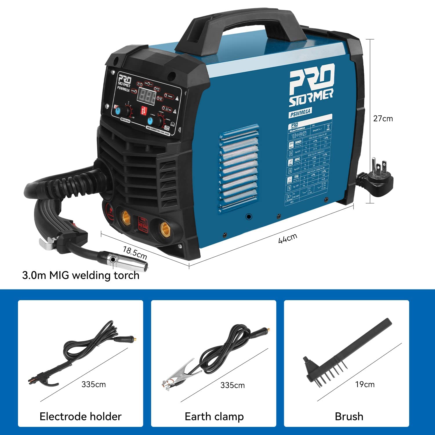 Prostormer 3-in-1 MIG TIG MMA Welding Machine with Digital Display - 200Amp Welder Kit Includes Electrode Holder, Ground Clamp & Power Cable - Perfect for Home DIY, Metal Fabrication & Automotive Repair