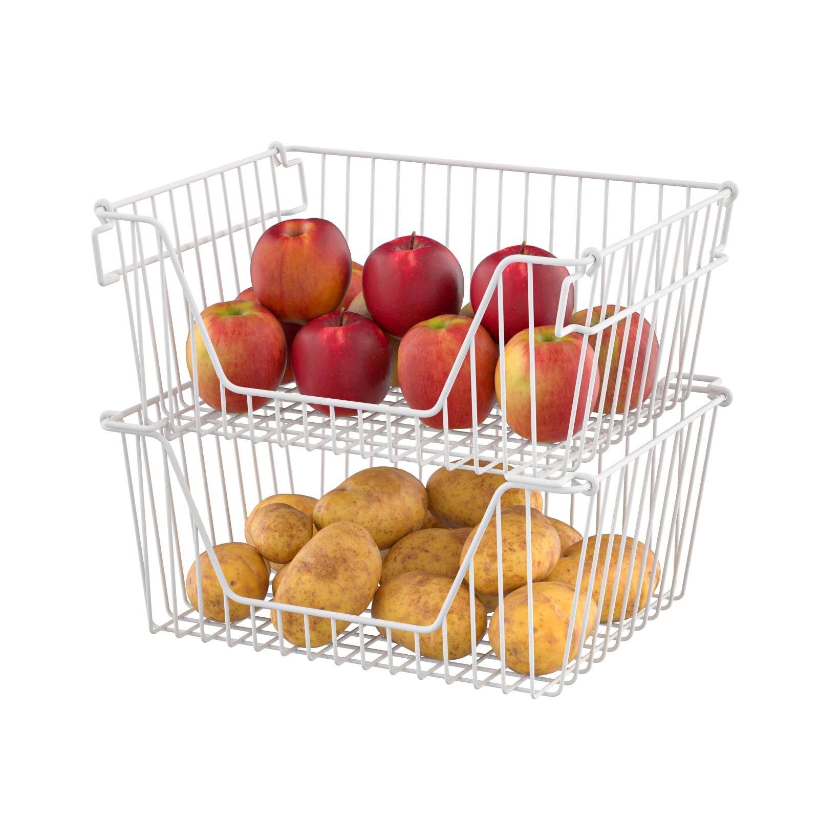 SANNO Stackable Metal Wire Baskets - 4 Pack White Kitchen Storage Bins for Pantry Organization, Fruit & Vegetable Storage, Cabinet Shelves | Perfect for Kitchen Counter, Bathroom, Office & Closet Organization