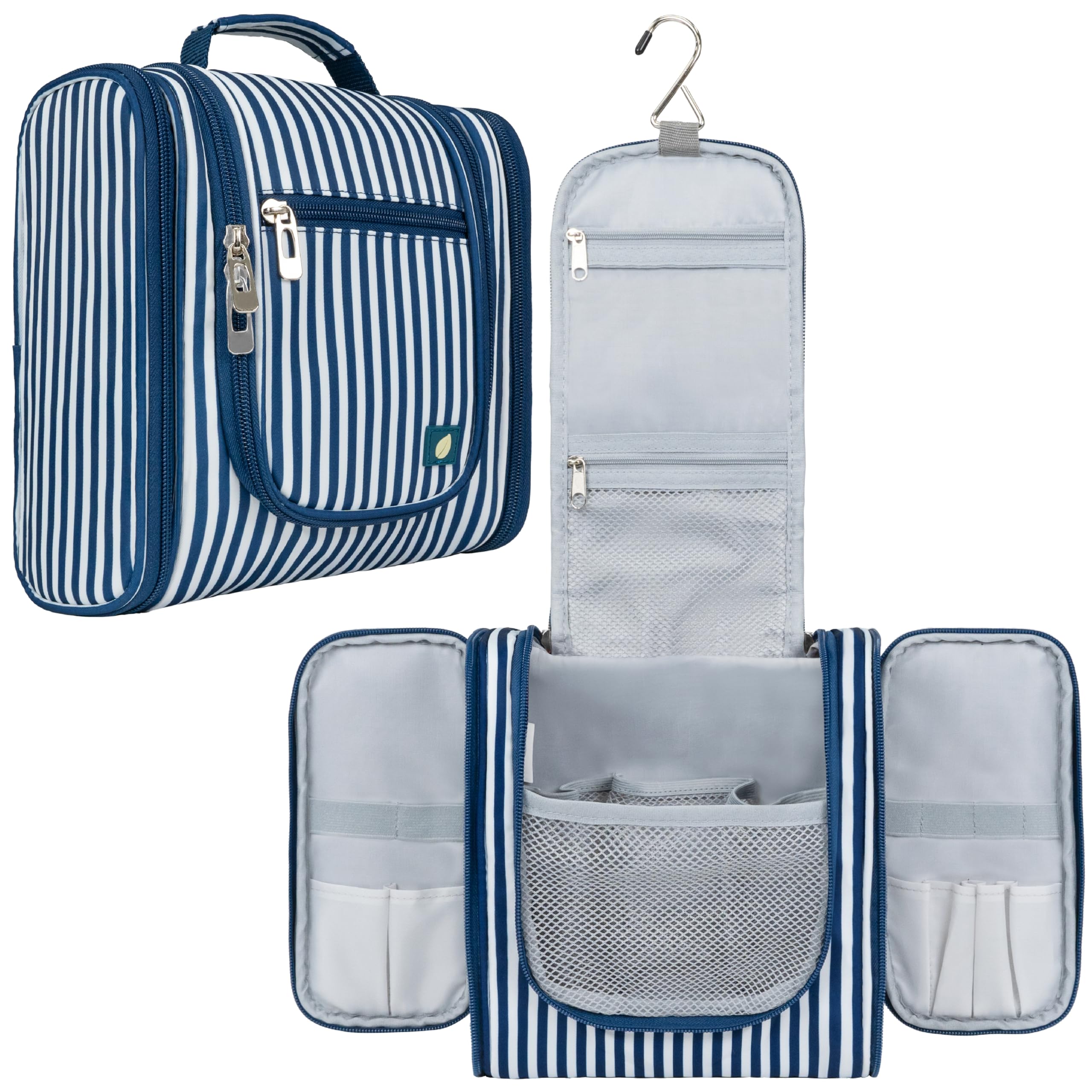 PAVILIA Hanging Toiletry Bag for Women & Men - Waterproof Travel Cosmetic Organizer with Large Capacity - Perfect for Makeup, Toiletries & Travel Essentials (Stripe Navy) - Ideal for Airplane, Camping & Gym Use