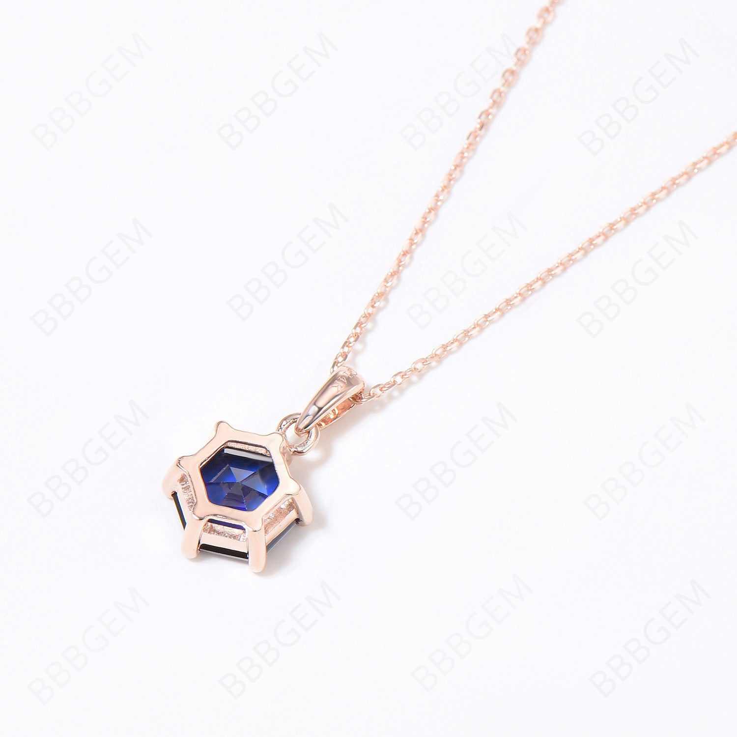 14K/18K Rose Gold Vintage Hexagon Cut Blue Sapphire Solitaire Necklace - September Birthstone Jewelry for Wedding, Anniversary & Special Occasions