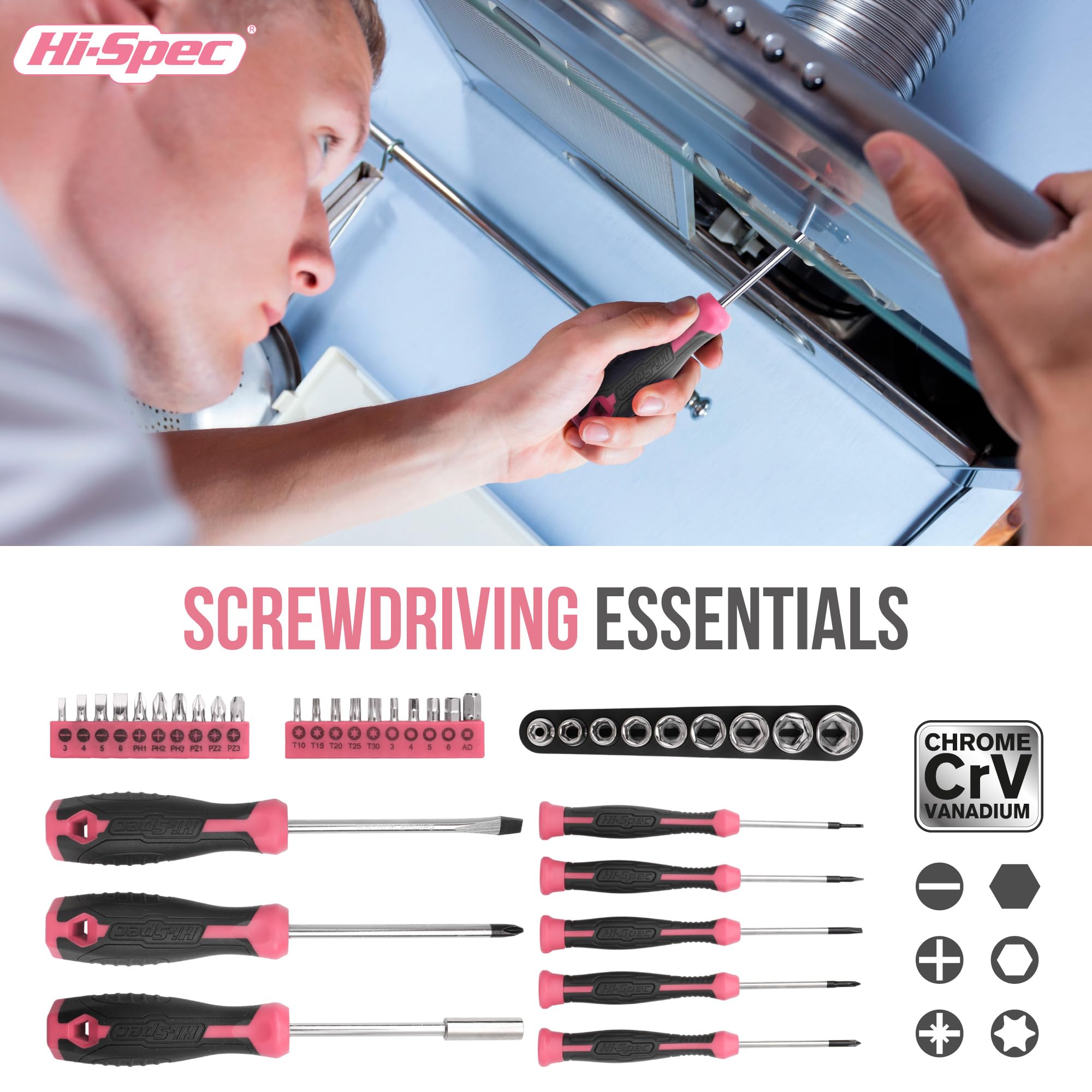 Hi-Spec 54-Piece Pink Tool Kit for Women - Complete Household DIY Tool Set with Storage Case | Essential Hand Tools for Home, Apartment, Garage & Office Repairs | Perfect for DIY Projects, Home Maintenance, and Quick Fixes