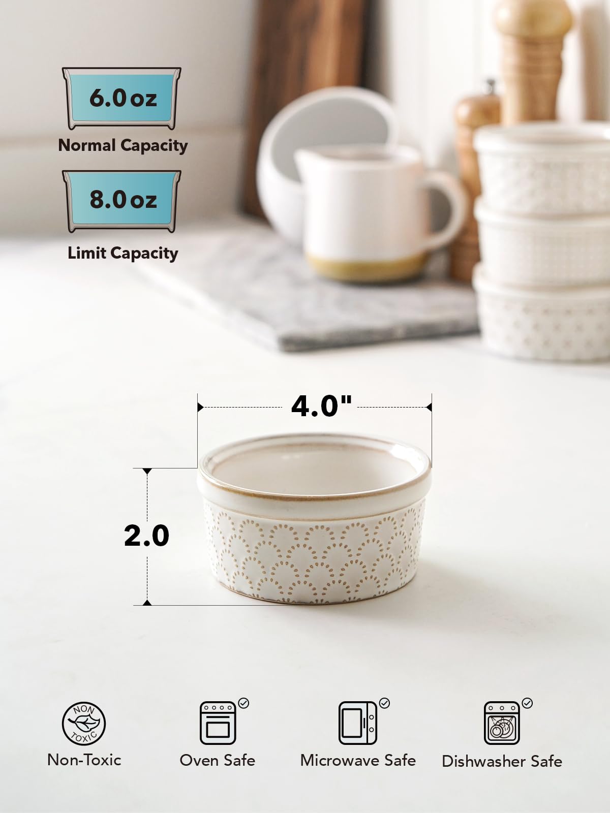 LE TAUCI 6 oz Ceramic Ramekins - Set of 4, Arctic White for Baking Creme Brulee & Desserts