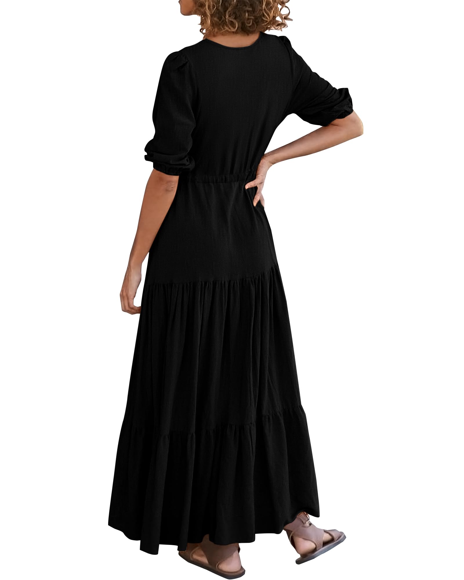 BTFBM Women's Summer Maxi Dress - Short Sleeve V-Neck Button Front Boho Long Dress with Drawstring Waist in Solid Colors | Perfect for Beach Vacations, Casual Outings and Summer Parties