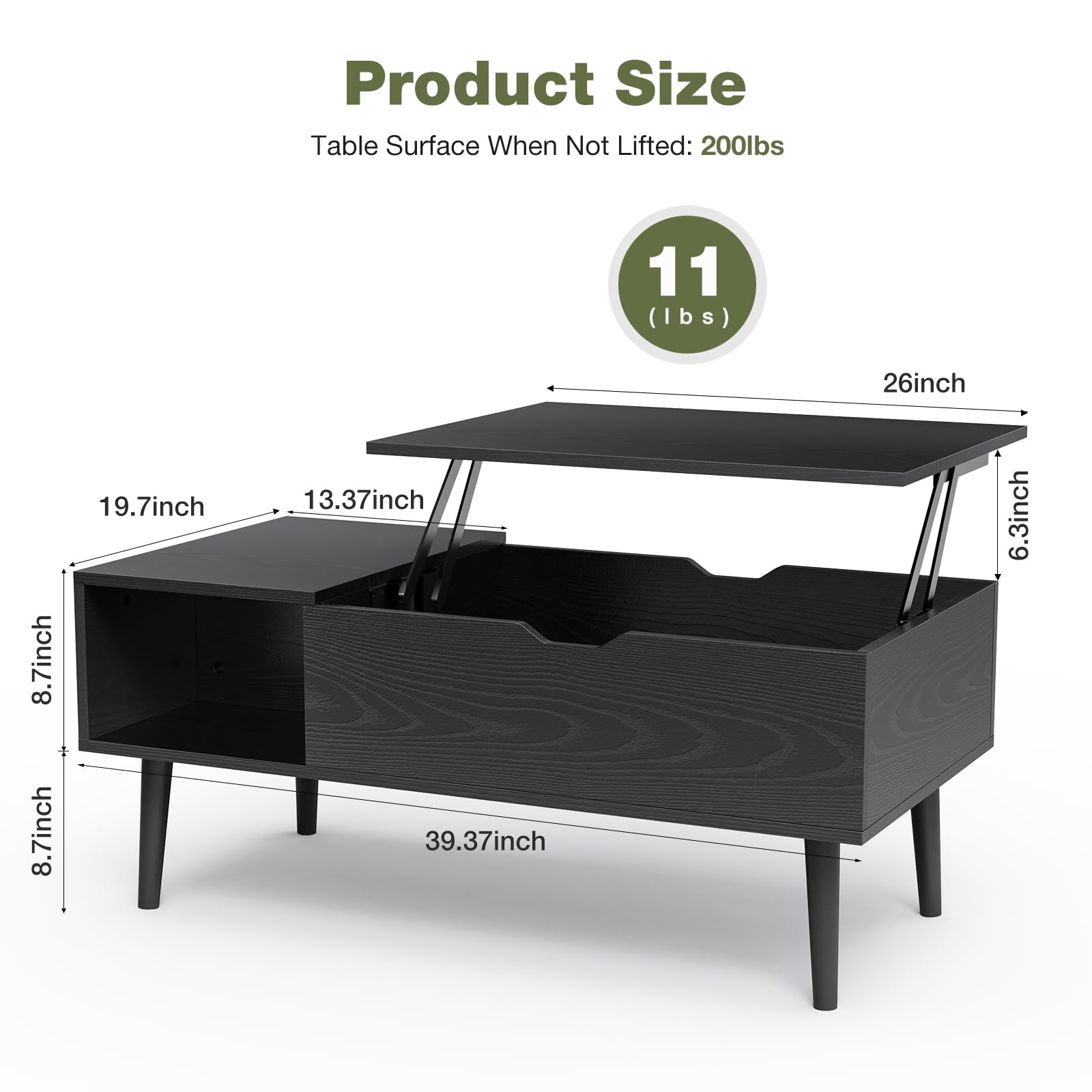 Wood Lift Top Coffee Table, Hidden Compartment and Large Storage Shelf, Versatile for Living Room, Home Office, and Dining, Black Finish