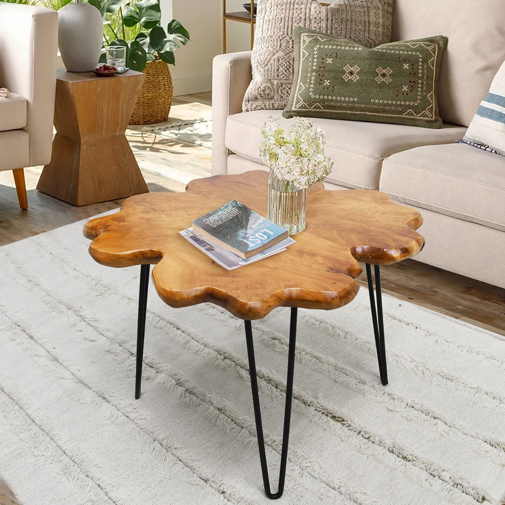 Rustic Cedar Wood Coffee Table with Four-Leaf Clover Pattern - 27